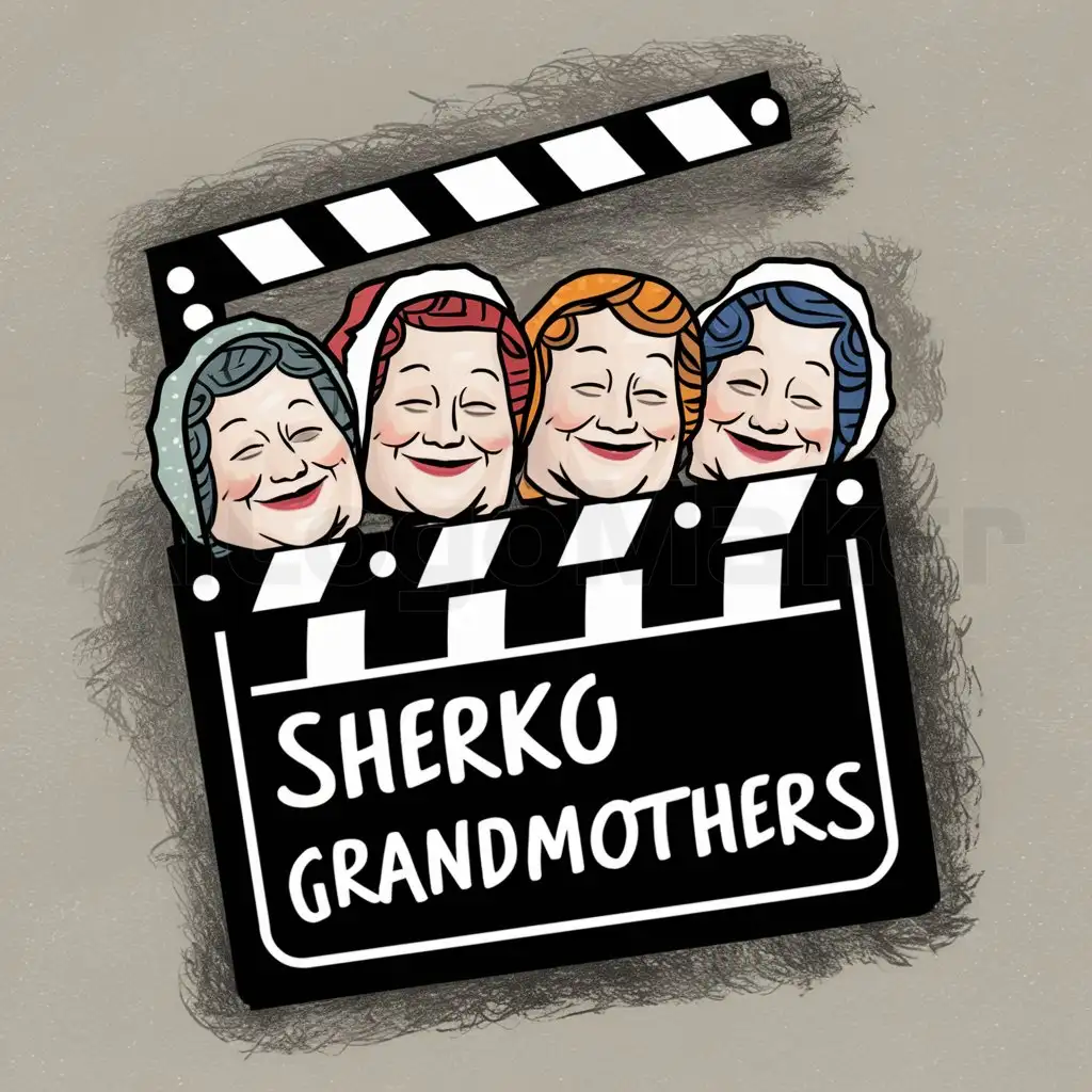 a logo design,with the text "SHERKO GRANNIES", main symbol:4 Jewish grandmothers with cheerful headcoverings in a film clapboard, Paul Klee style,Moderate,clear background
