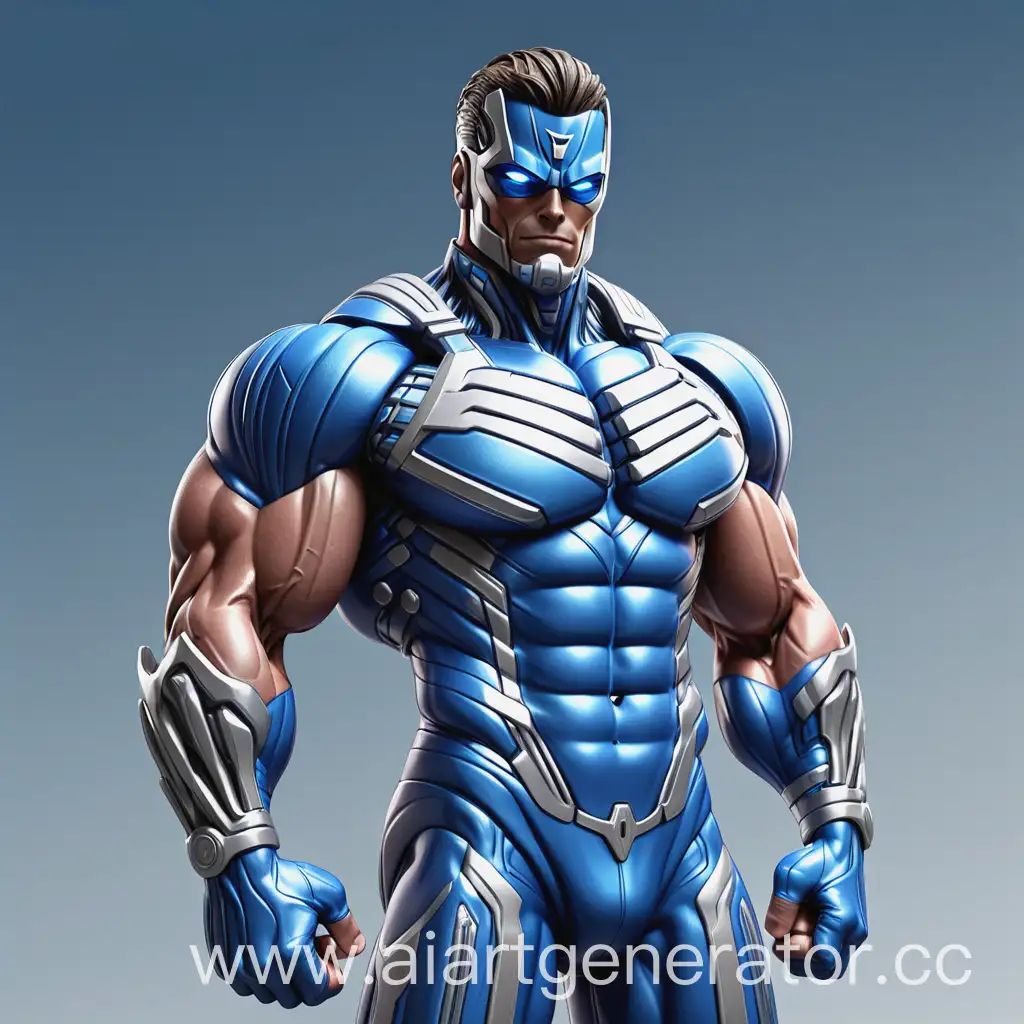 Герой кибербанка накаченный, без фона, в крутом синем костюме, высокая детализация
