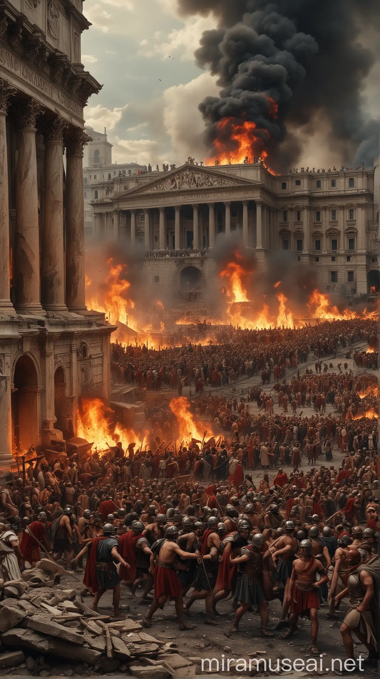 A chaotic scene of Romans fleeing the fire, with the majestic palace in the background, representing Nero's ambition. hyper realistic