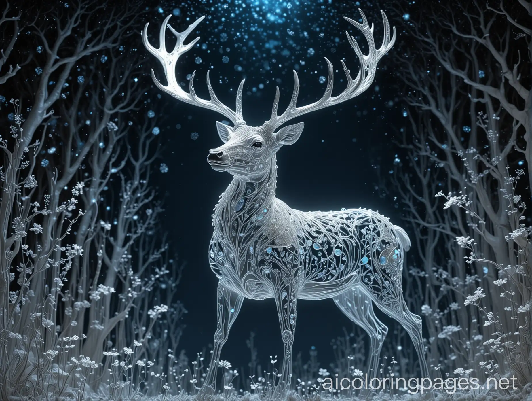 transparent glass deer filled with bioluminescent plants, : luminous, opalescent, Insanely detailed beautiful deer with glass antlers : meticulously detailed filigree deer: extreme contrast and saturation : starry galactic night sky background : magical fantasy artwork : ultra high quality : dramatic lighting : extreme contrast : rule of thirds : HDR : photorealistic : florescent light, Coloring Page, black and white, line art, white background, Simplicity, Ample White Space. The background of the coloring page is plain white to make it easy for young children to color within the lines. The outlines of all the subjects are easy to distinguish, making it simple for kids to color without too much difficulty