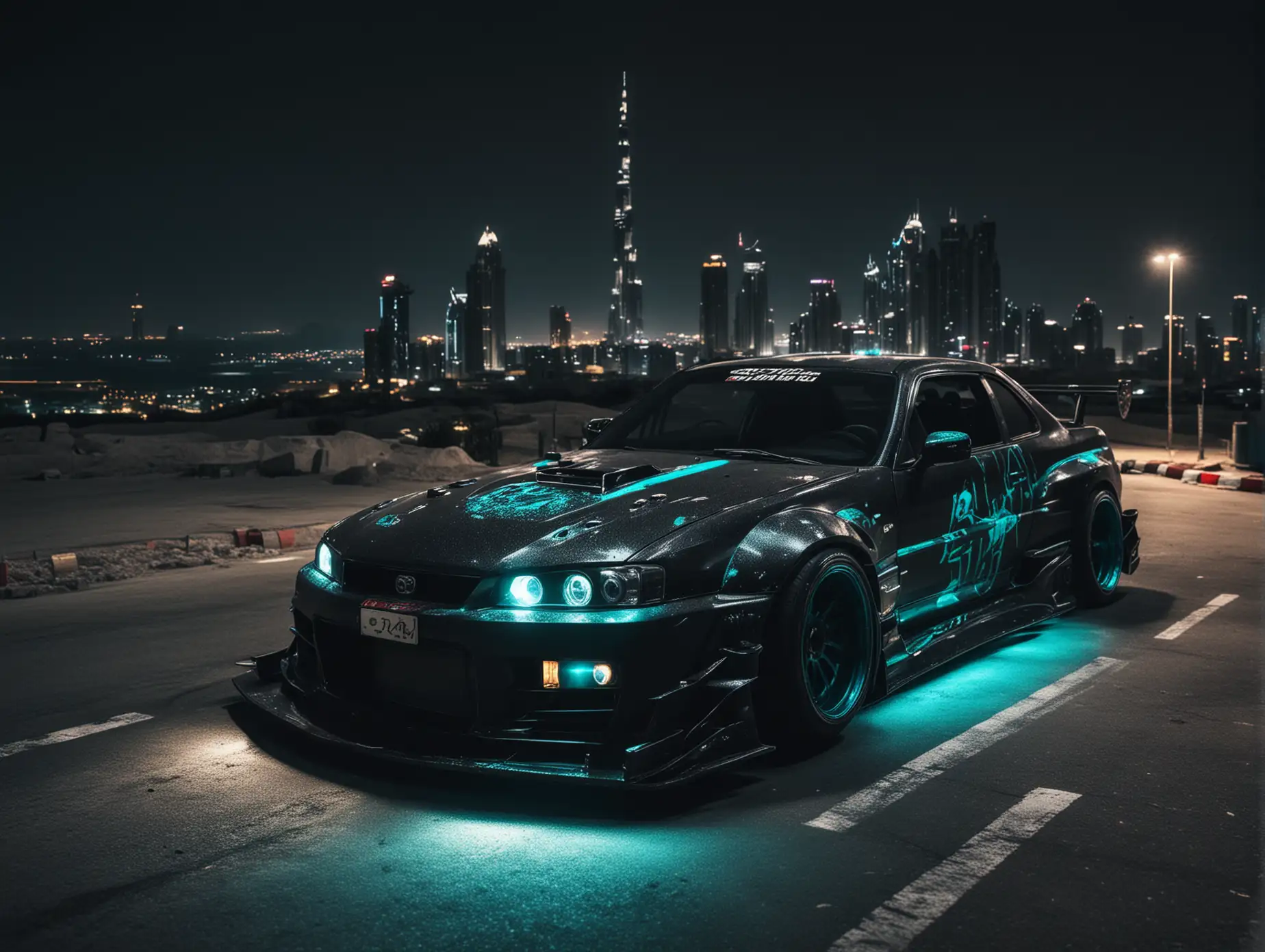 Create Japanese drifting cars from Dark Demons, Evil Tuning type, Downhill in the city of Dubai drifting at night rear view from high far away, car color dark black carbon, dark color turquoise on light