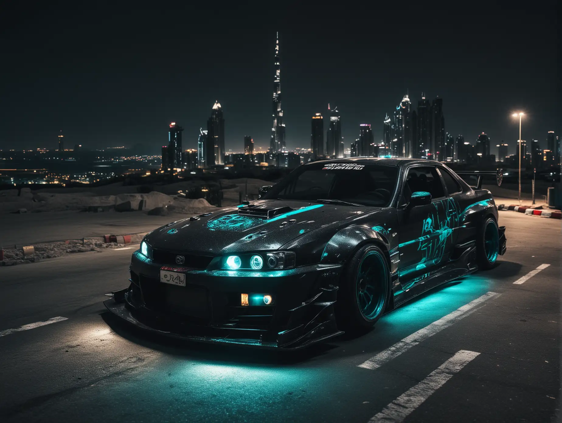 Create japanese drifting cars from dark demons, evil tuning type, Downhill in the city of dubai drifting at night rear view from high far away,  car color dark  black carbon, dark color turquoise on light 