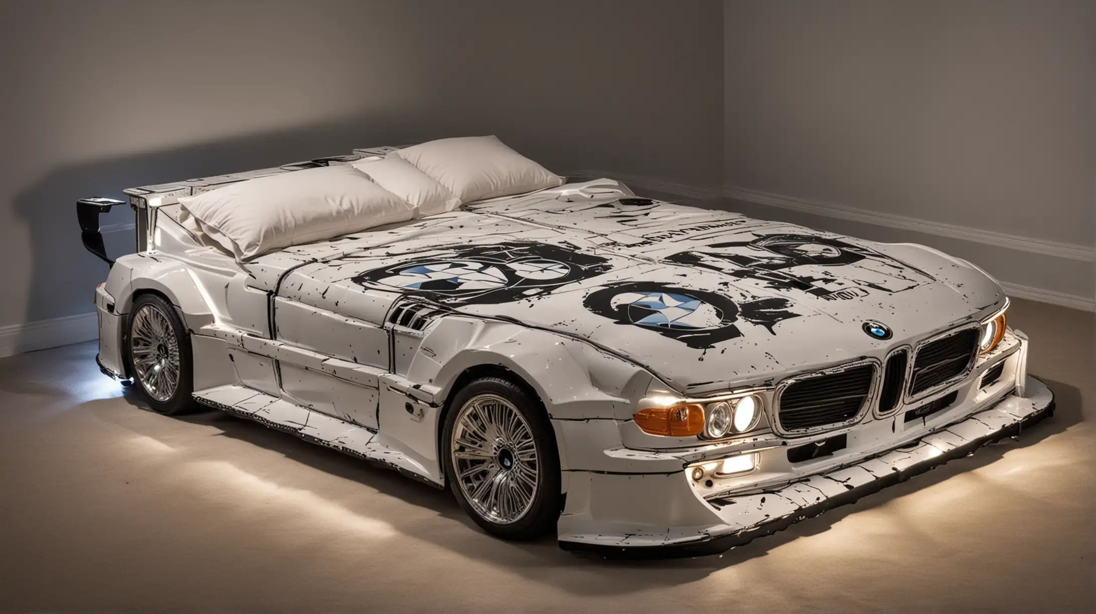 Double bed in the shape of a BMW car with headlights on and "dolars" graphics
