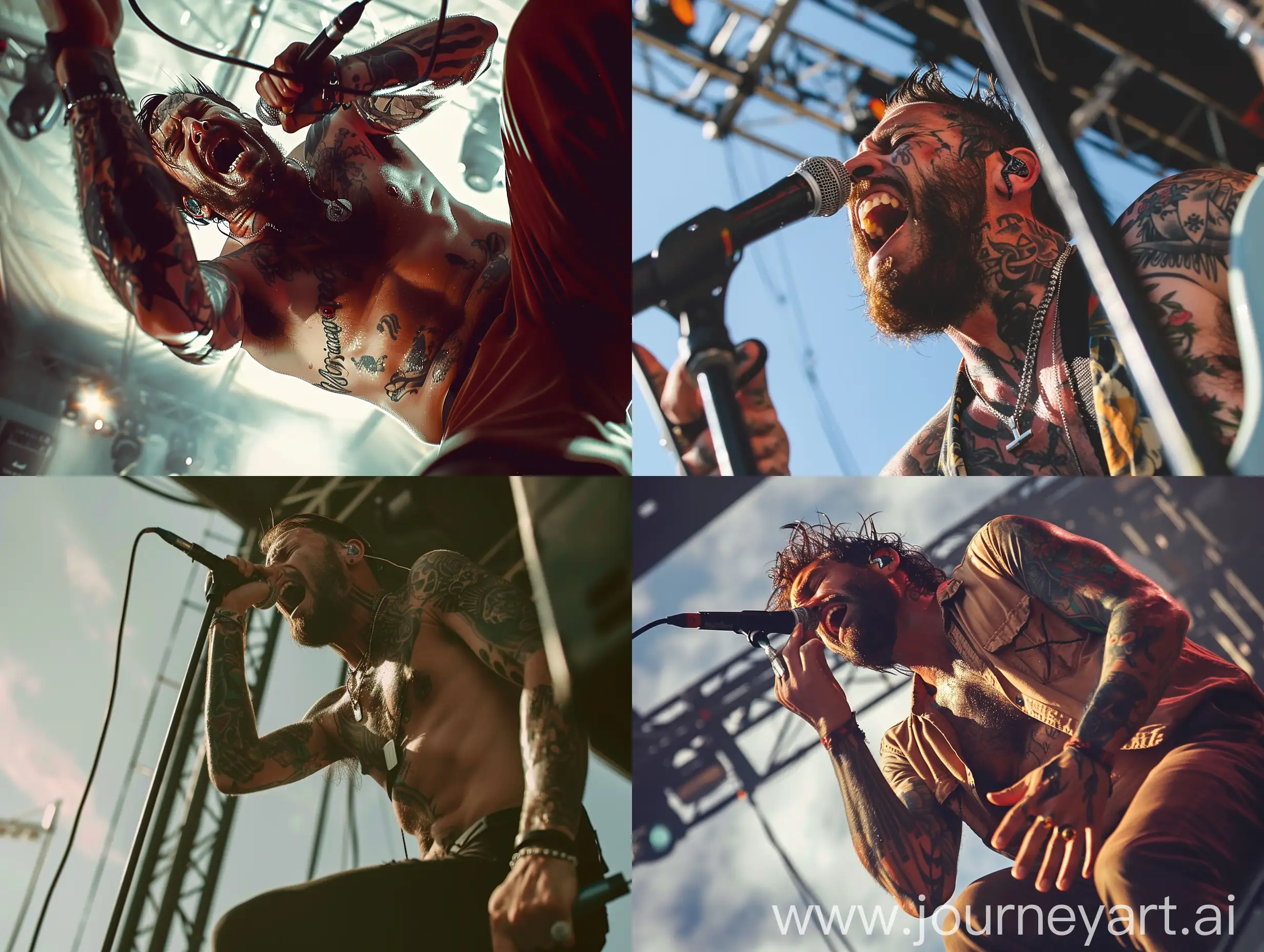 Draw a poster with a realistic full-length rock festival character, a view from below, a handsome man with stubble and tattoos, who sings into a microphone and enjoys his performance.