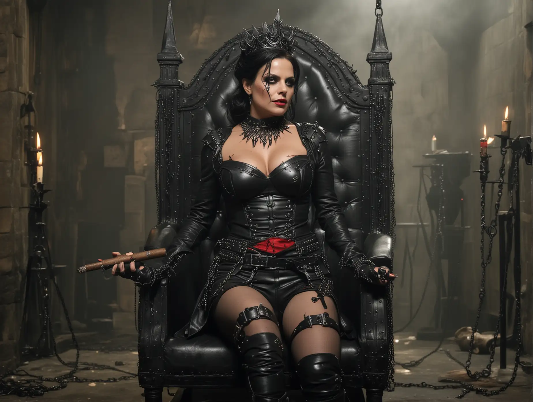 a full view of a , very busty, tarty and EVIL looking BLOOD SPATTERED SATANIC HEAVY MAKE UP LANA PARRILLA SMOKING A CIGAR AS THE BLACK METAL EVIL QUEEN FROM ONCE UPON A TIME, VERY BUSTY, WITH SHORT BLACK HAIR , WEARING A TIARA , BLACK LEATHER ARMOUR WITH STUDS AND SPIKES, SKIN TIGHT BLACK LEATHER PANTS, BLACK LEATHER BOOTS ITTING ON HER THRONE SMOKING A CIGAR WITH BLACK ROSES IN HER SATANIC BLOOD SPLATTERED TORTURE CHAMBER DUNGEON IN HER CASTLE DECORATED WITH CHAINS AND WHIPS