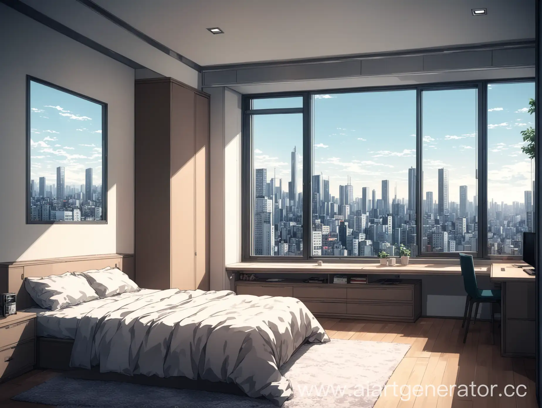 квартира, комната с панорамным окном, подоконник, за окном город, рядом кровать и шкаф, современный стиль дизайна, стиль аниме