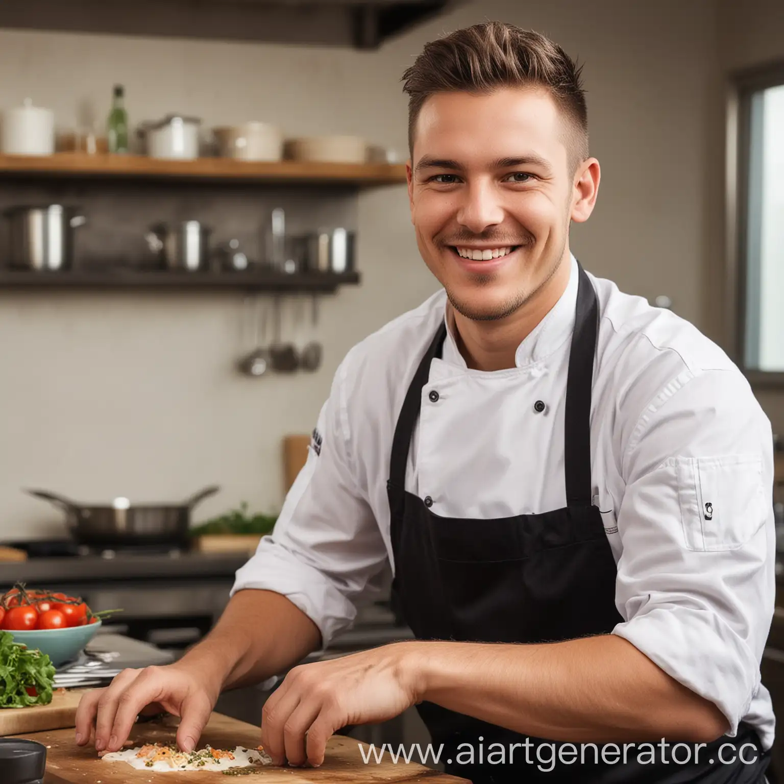 Young-Chef-Smiling-While-Working-on-a-Culinary-Creation