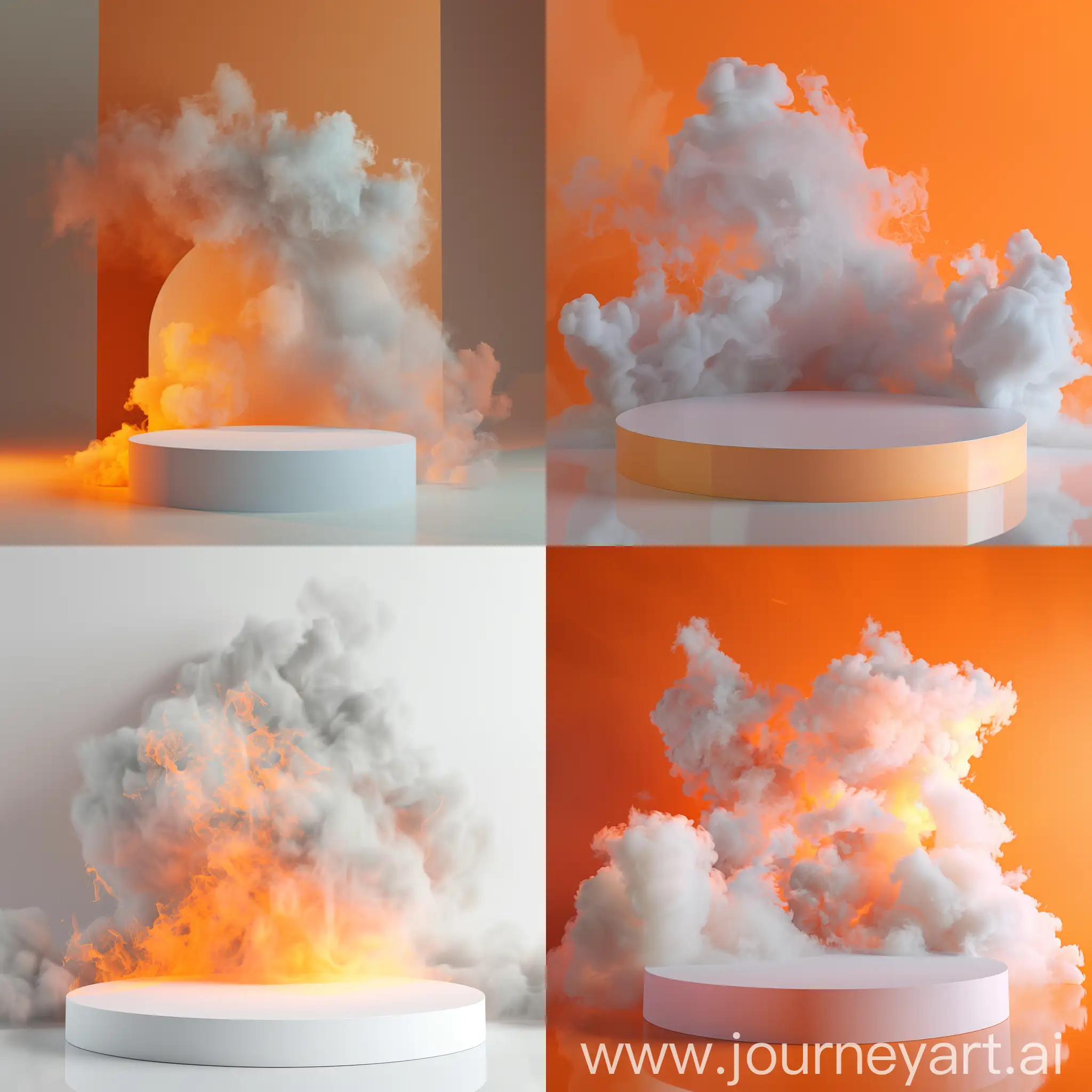 Make me a podium that is white and the background is white and orange, 3D, very realistic, atmosphere creation with smoke.