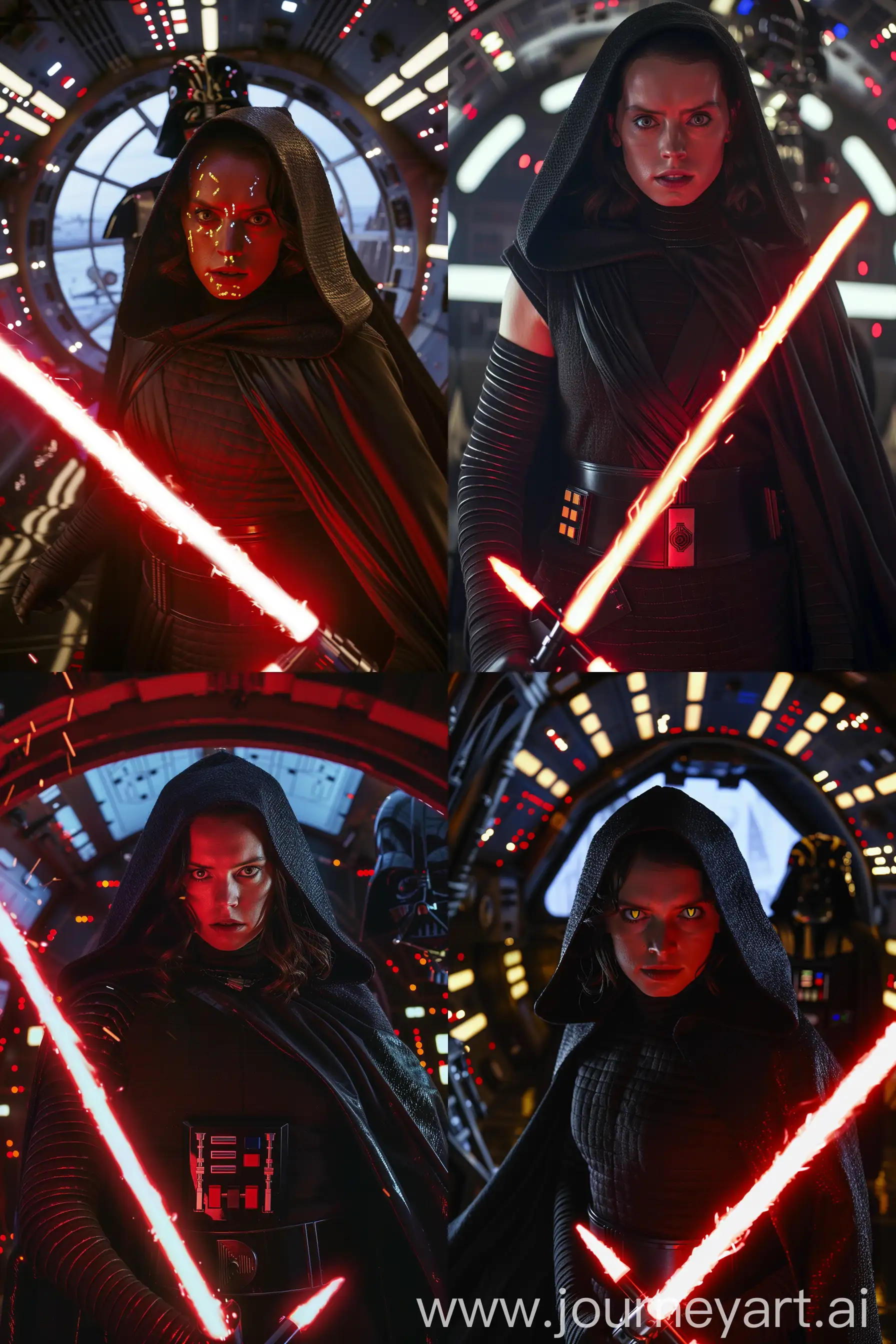 Epic-Cinematic-Still-Sith-Rey-Wielding-Red-DoubleBladed-Lightsaber-in-Darth-Vaders-Spaceship