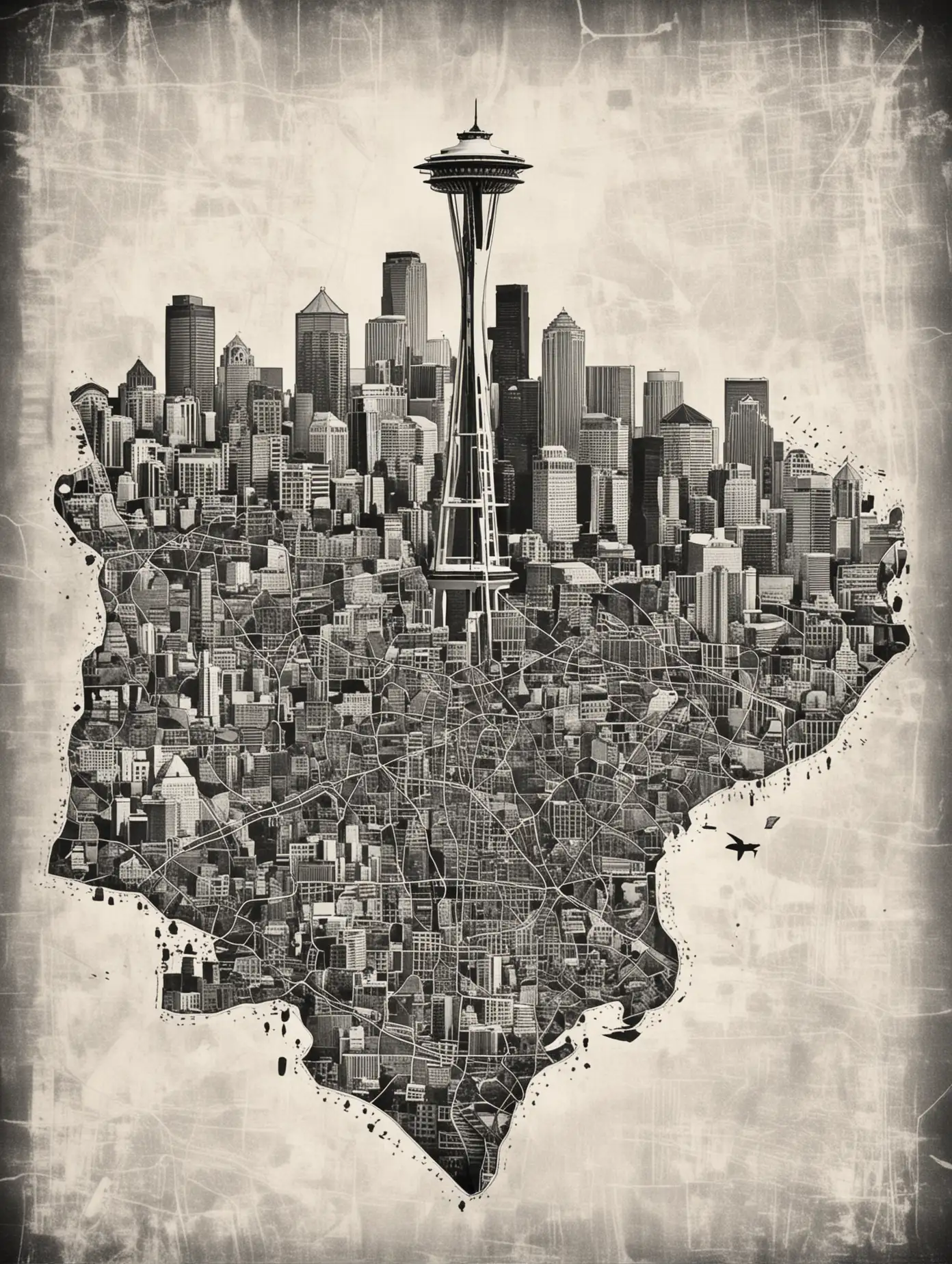 photo collage of Seattle's landmarks integrated with Seattle's map outline, in the style of 90's grunge rock, rock band poster feel, black on white photo