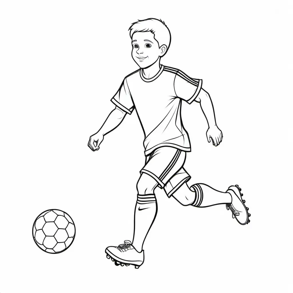 Soccer player, Coloring Page, black and white, line art, white background, Simplicity, Ample White Space. The background of the coloring page is plain white to make it easy for young children to color within the lines. The outlines of all the subjects are easy to distinguish, making it simple for kids to color without too much difficulty