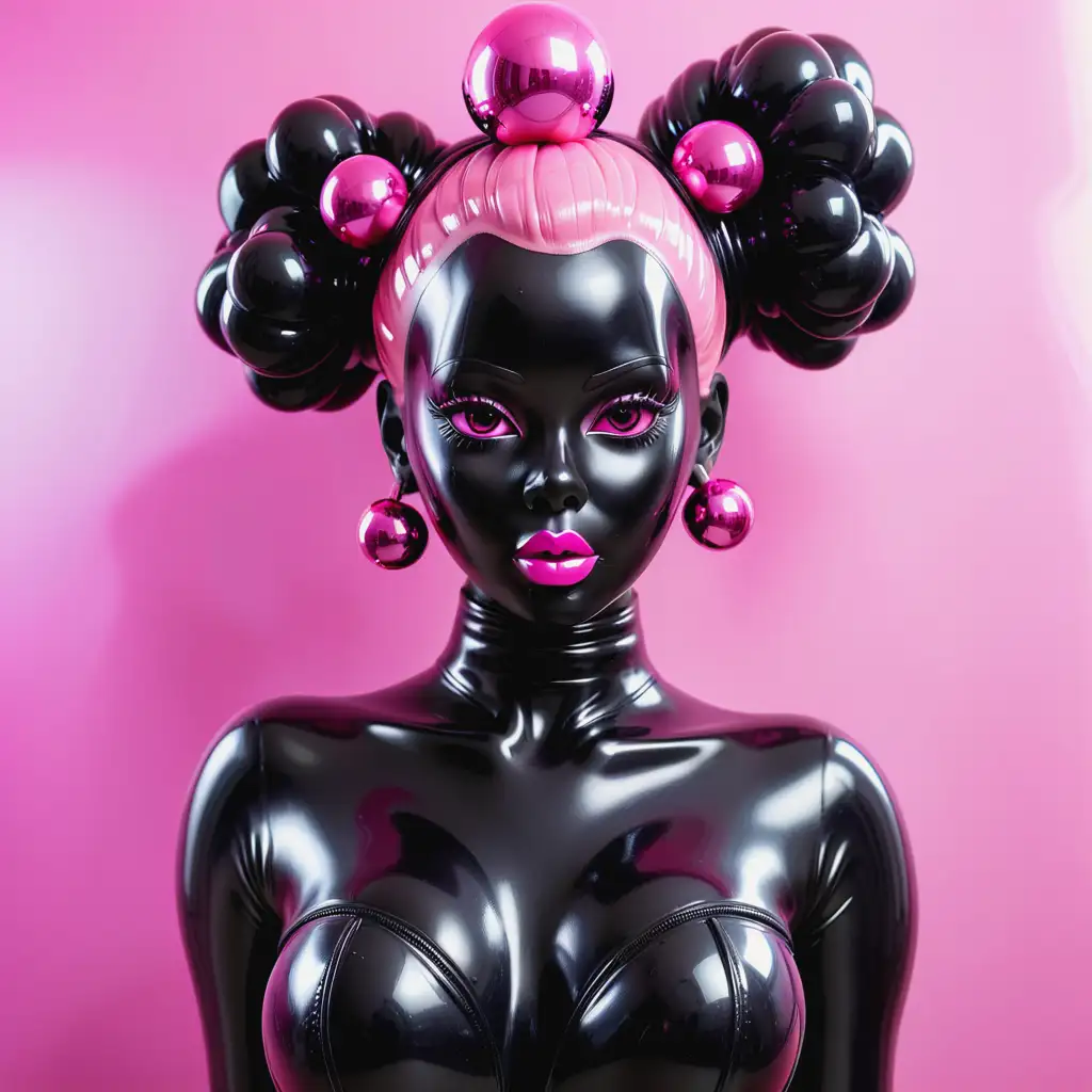 Латексная кукла девушка с черной латексной кожей с черным глянцевым латексным лицом с розовой резиновой прической с шариками на фоне