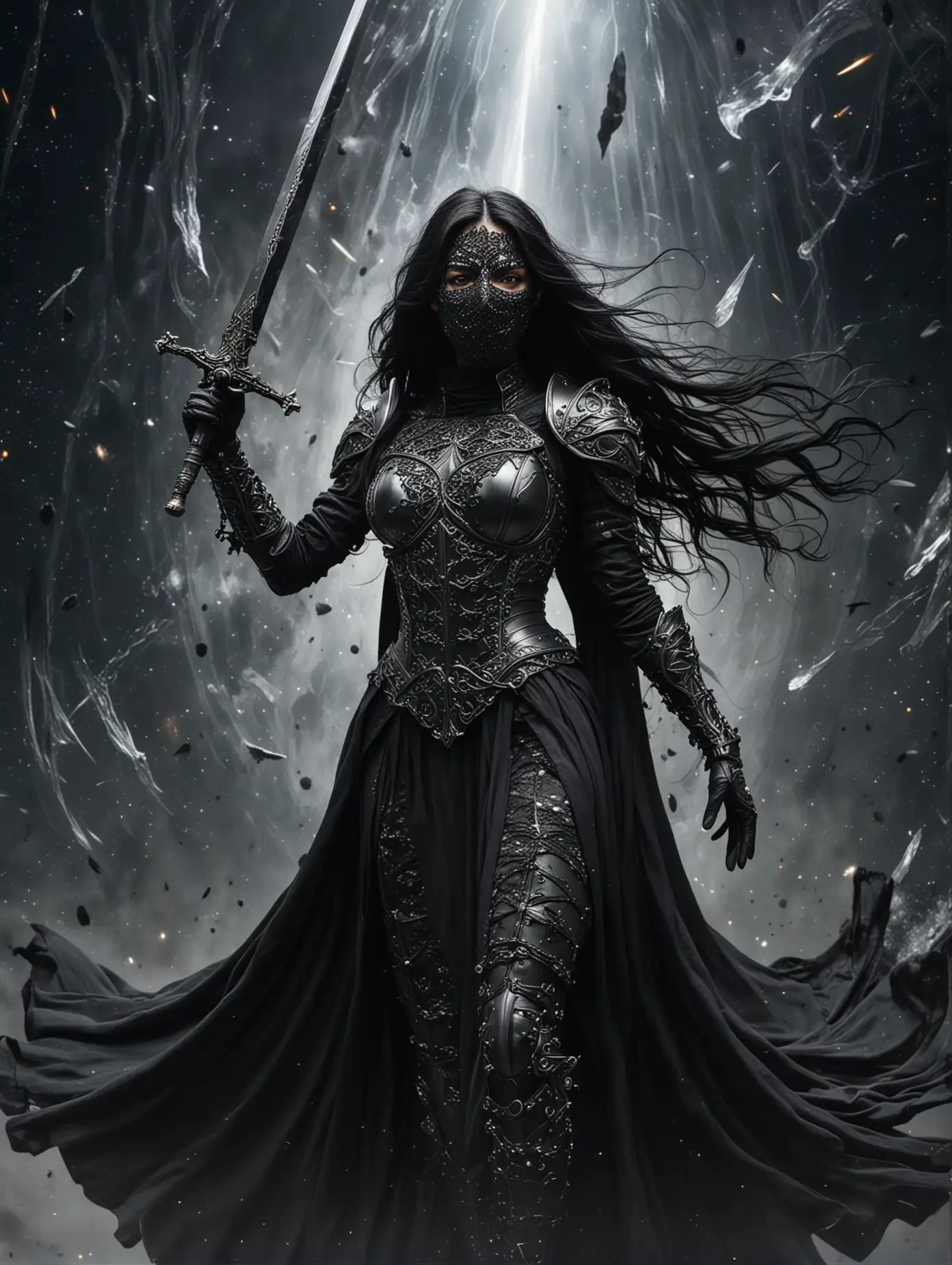 Warrior-Woman-with-Flowing-Black-Hair-and-Mask-Guards-Black-Hole