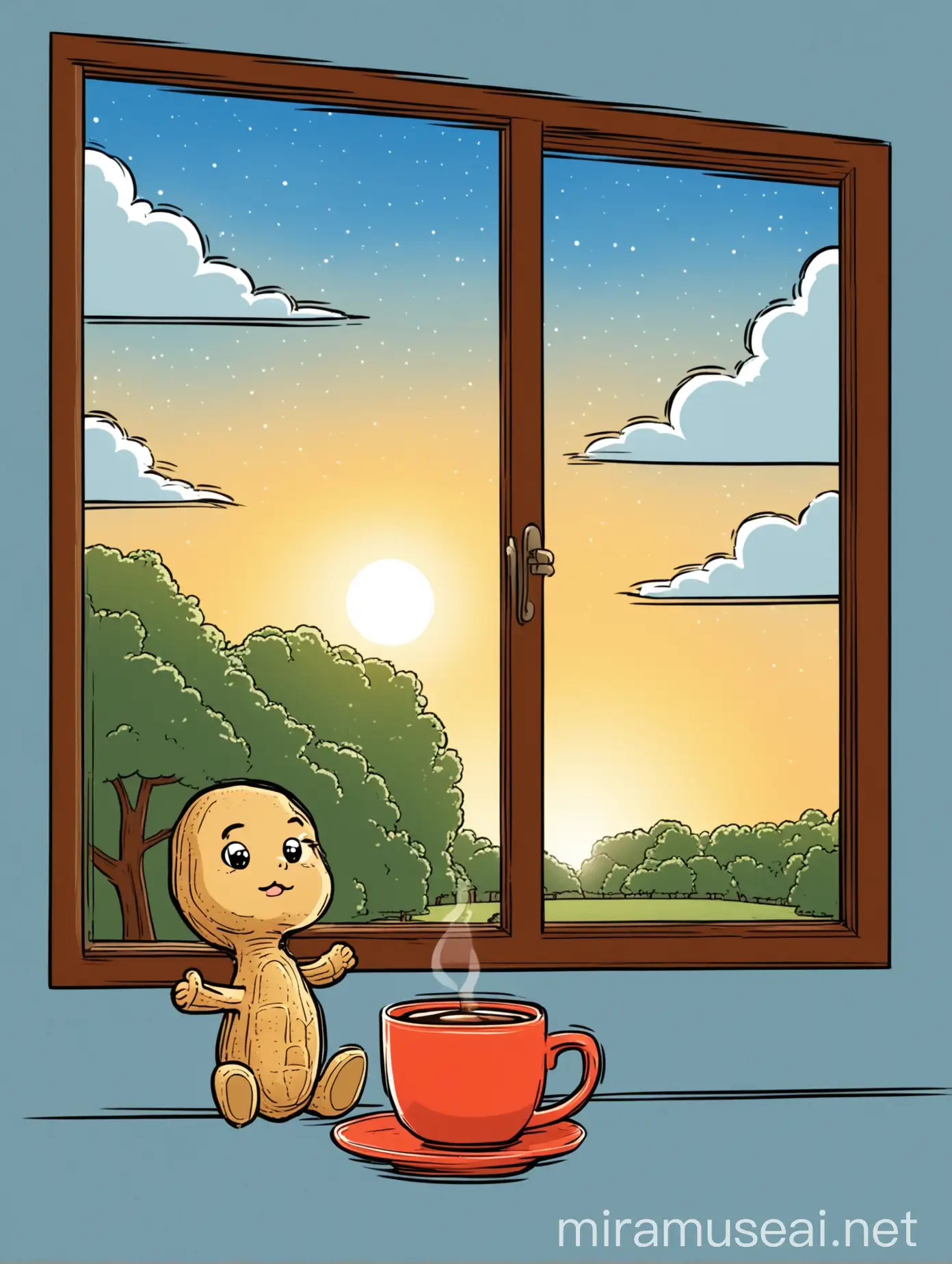 a cartoon peanut starring out a window with a cup of coffee looking at a beautiful morning sky and saying "nuttin like the morning" 