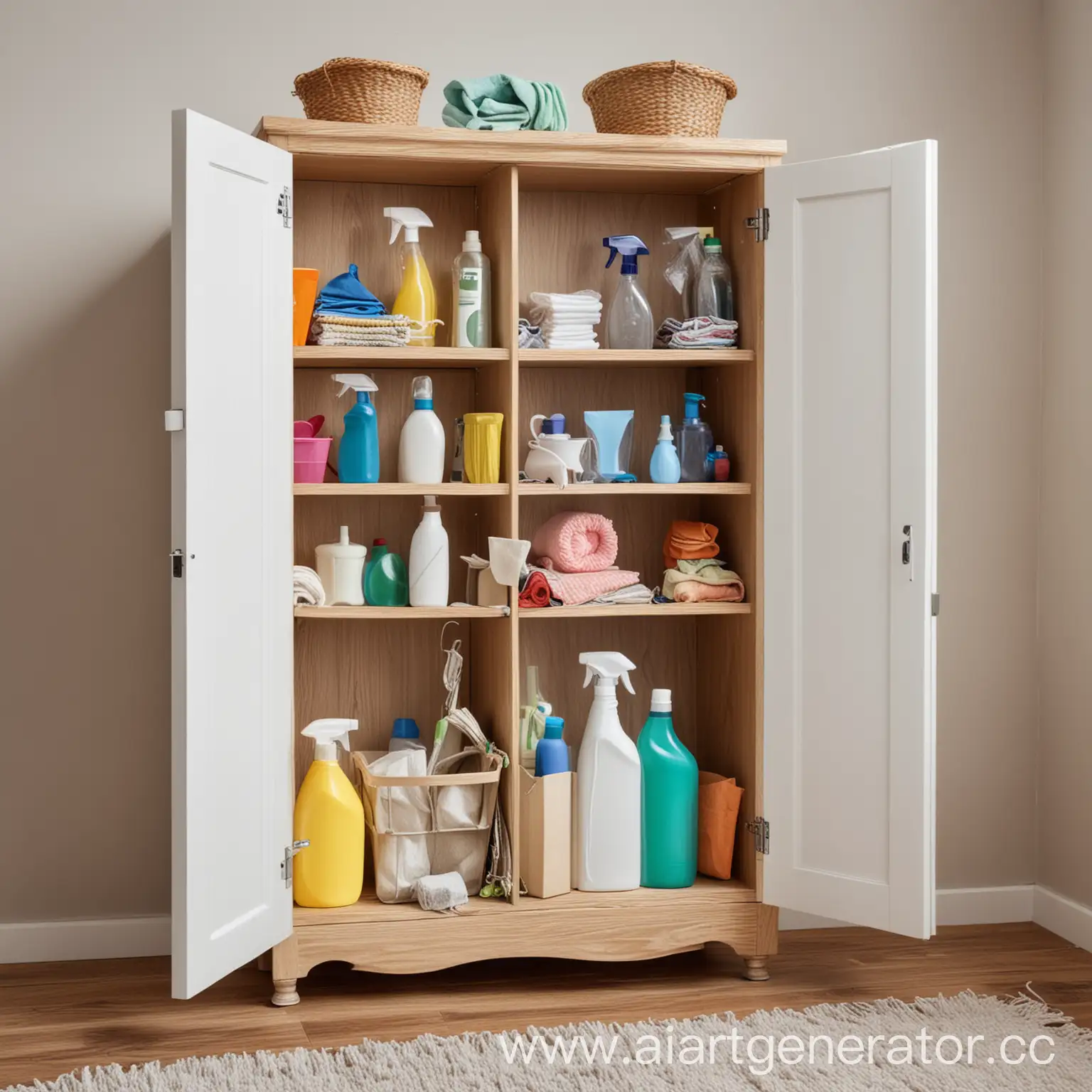Organized-Cupboard-with-Cleaning-Supplies-and-Rags