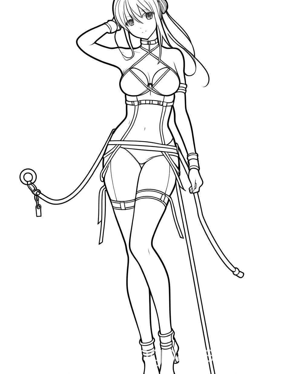 very kinky bondage anime girl , Coloring Page, black and white, line art, white background, Simplicity, Ample White Space. The background of the coloring page is plain white to make it easy for young children to color within the lines. The outlines of all the subjects are easy to distinguish, making it simple for kids to color without too much difficulty