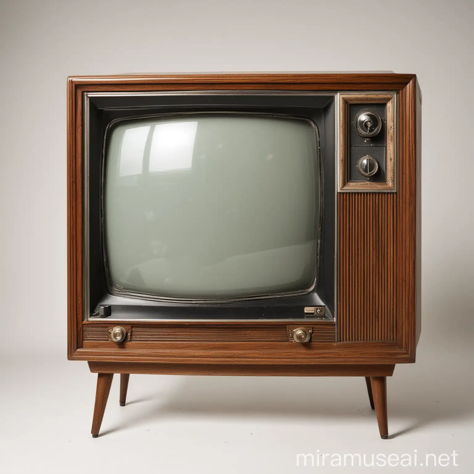 An old time console television, circa 1950, against a solid white background, no shadows. Photographic quality.

