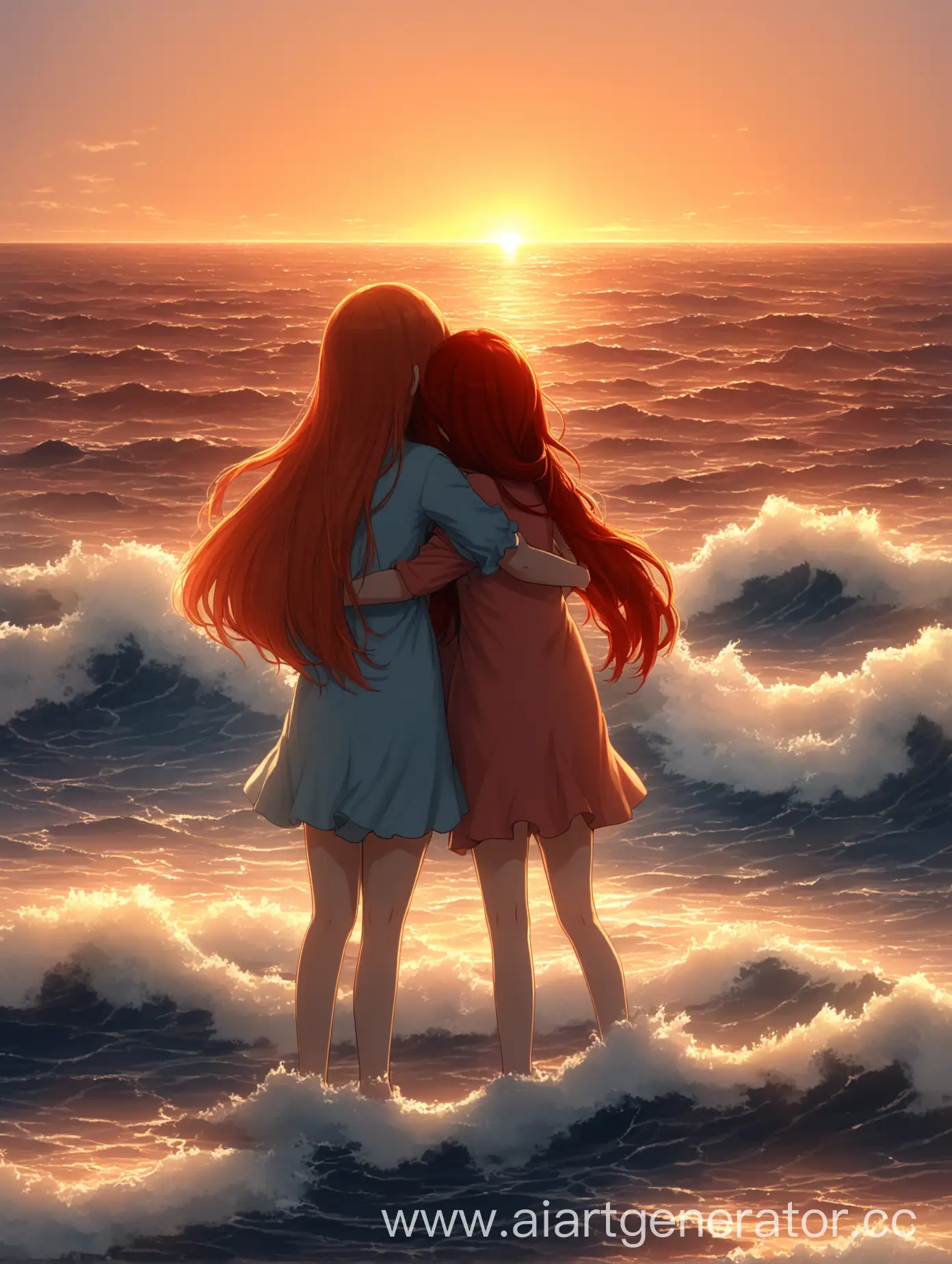 двое девушек, у одной девушки красные длинные волосы, у второй короткие каштановые волосы, девушки обнимаются, одна девушка маленького роста, вторая девушка высокого роста, море, закат, волны