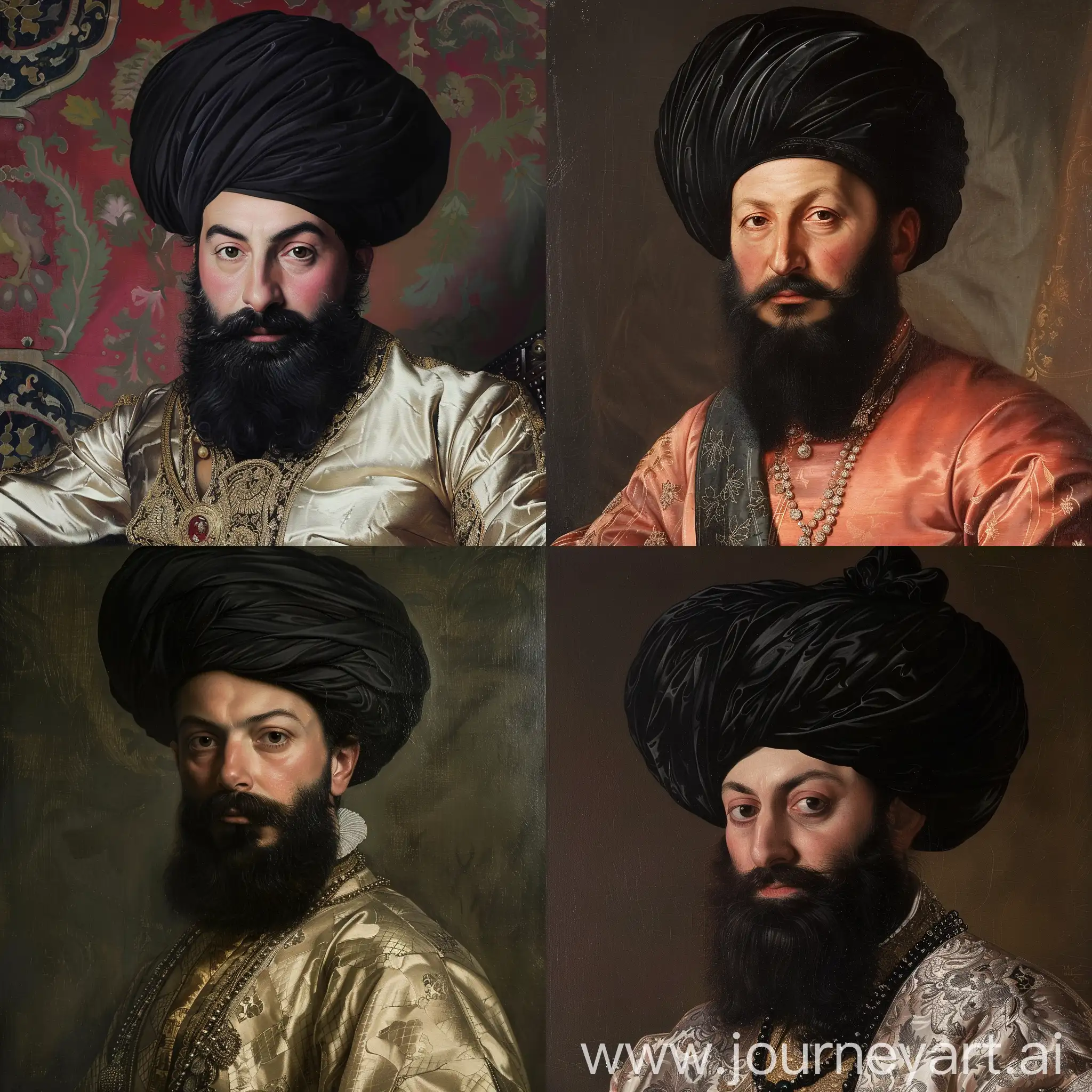 Portrait of Ottoman pasha, 40 years old, wearing luxury Ottoman silk robe and black Ottoman turban, black beard, prominent face expression, charming eyes Slavic face, curved nose, at Ottoman Palace