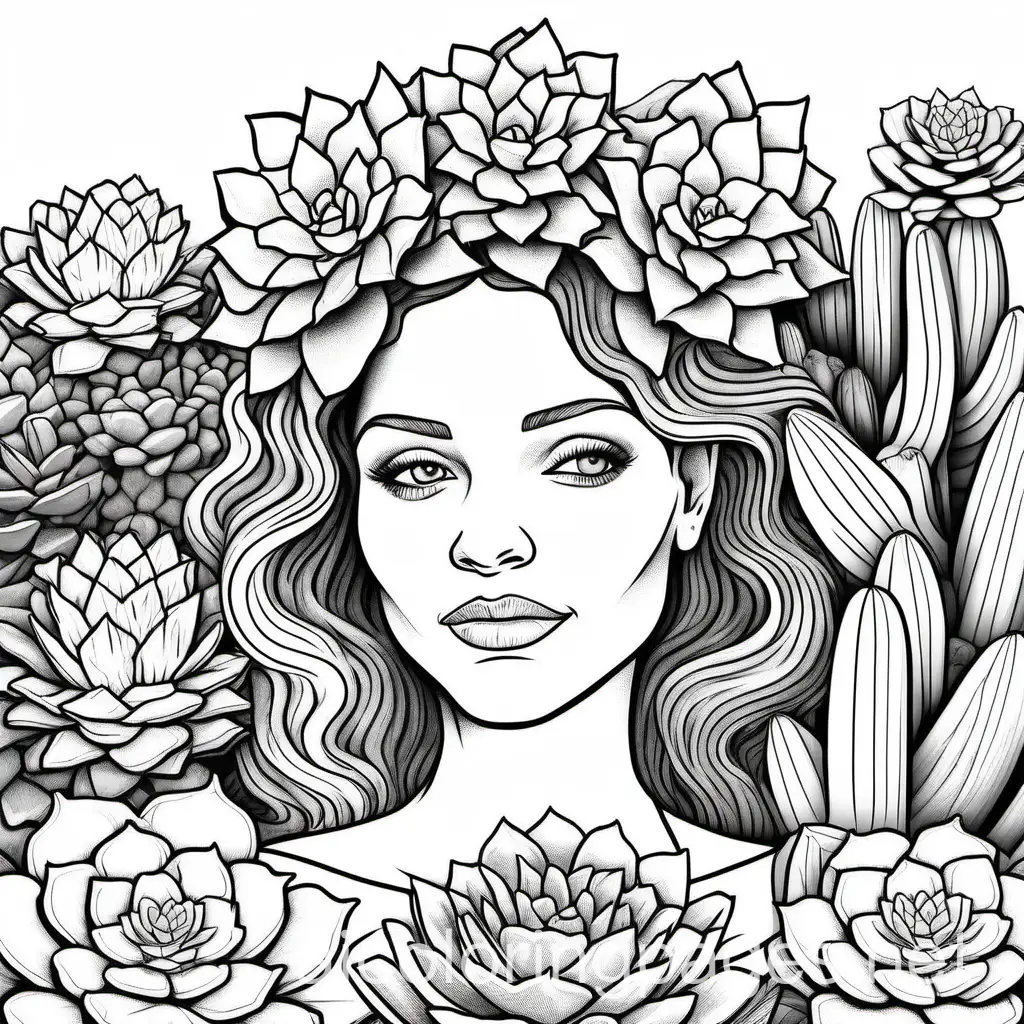 Create a tranquil scene with a close-up of a woman encircled by a halo of desert rose succulents., Coloring Page, black and white, line art, white background, Simplicity, Ample White Space. The background of the coloring page is plain white to make it easy for young children to color within the lines. The outlines of all the subjects are easy to distinguish, making it simple for kids to color without too much difficulty