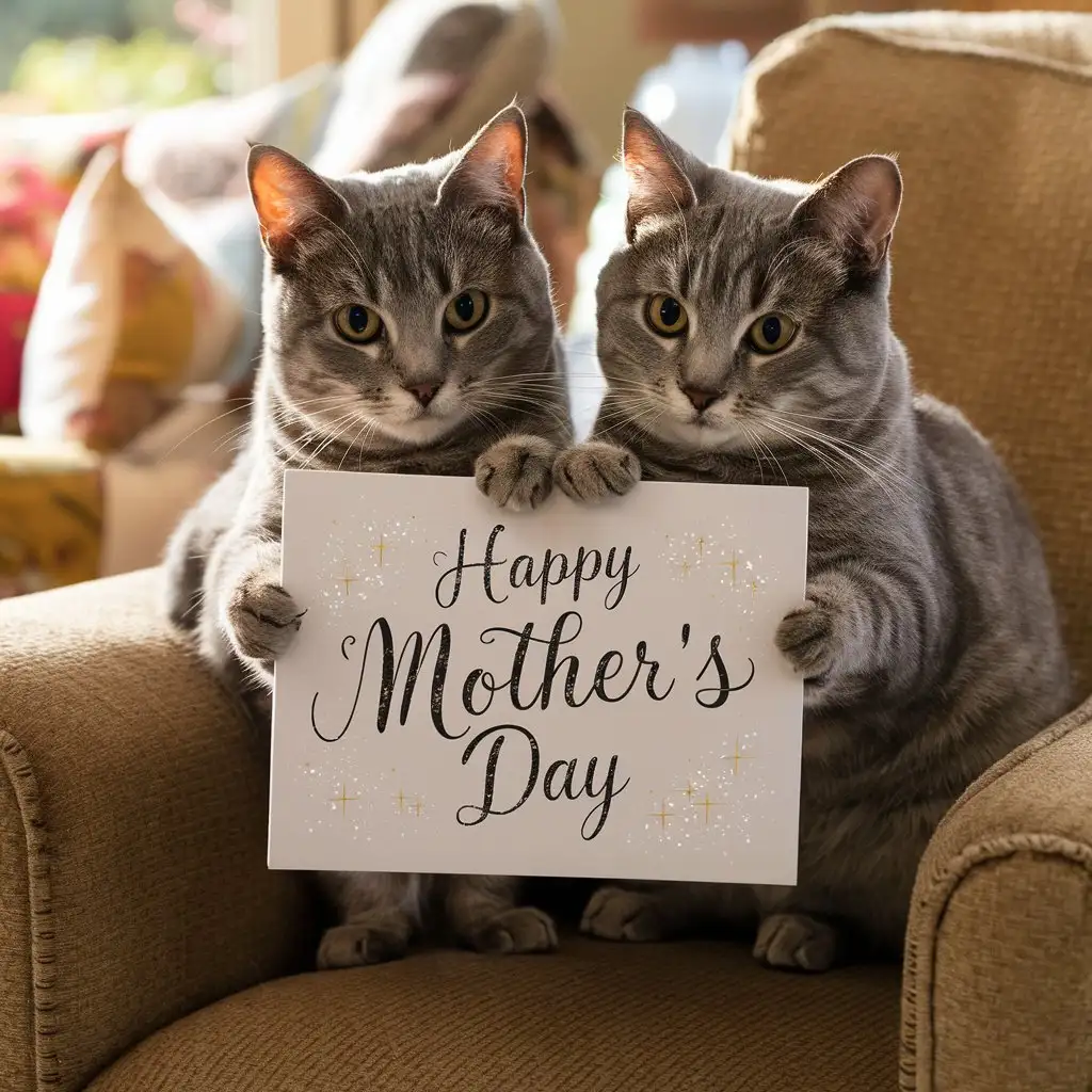 Two grey tabby cats holding a card, the card has "Happy Mother's Day" written on it.
