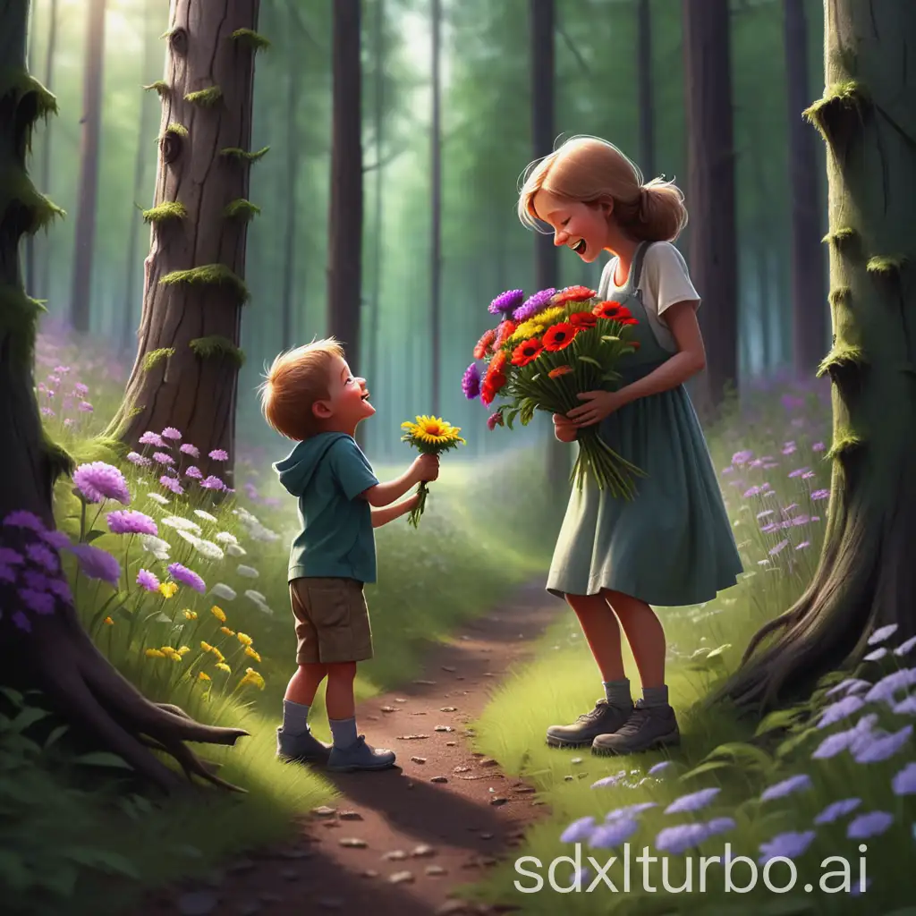 He picked flowers in the forest and made his mother happy with a surprise.
