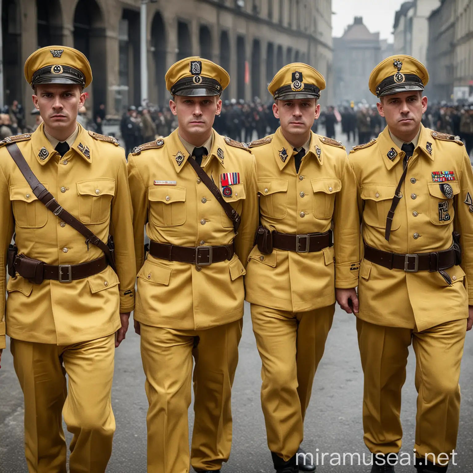 
Officers in yellow military uniforms resembling Nazi uniforms