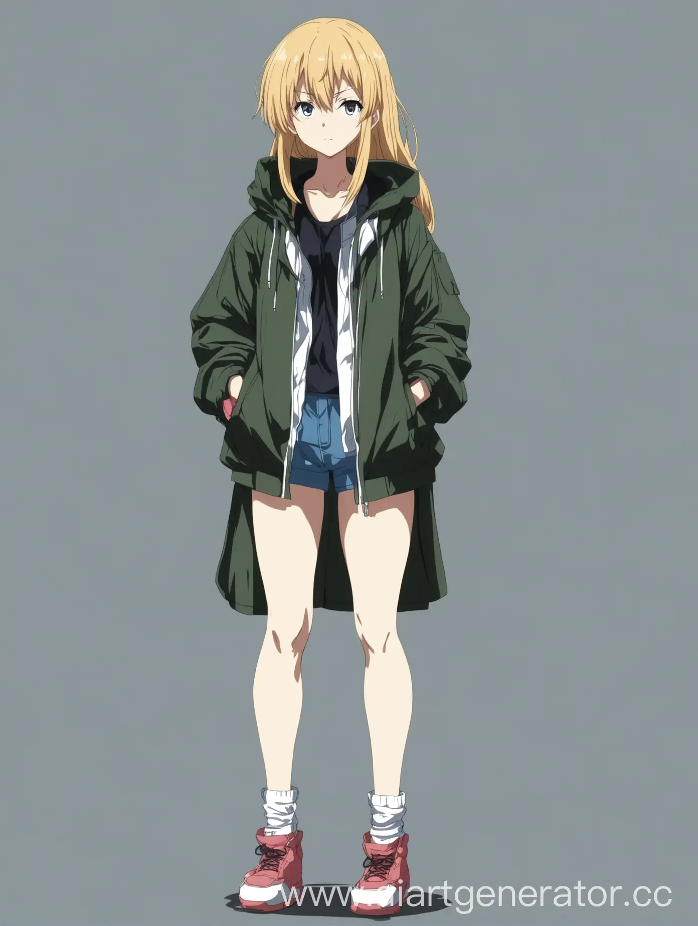 Сисястая аниме-девушка в куртке в полный рост