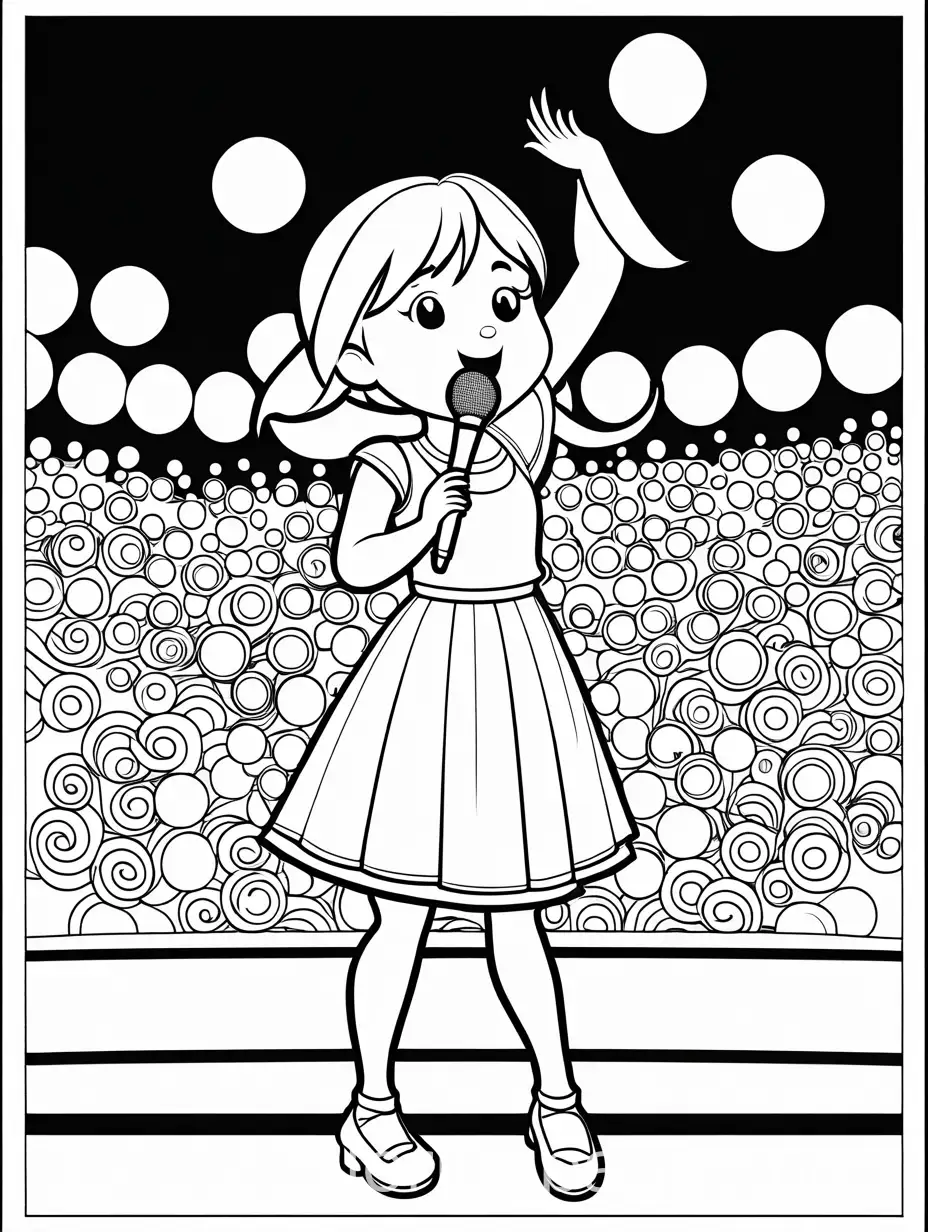 create a coloring page of a girls singing on a stage., Coloring Page, black and white, line art, white background, Simplicity, Ample White Space. The background of the coloring page is plain white to make it easy for young children to color within the lines. The outlines of all the subjects are easy to distinguish, making it simple for kids to color without too much difficulty