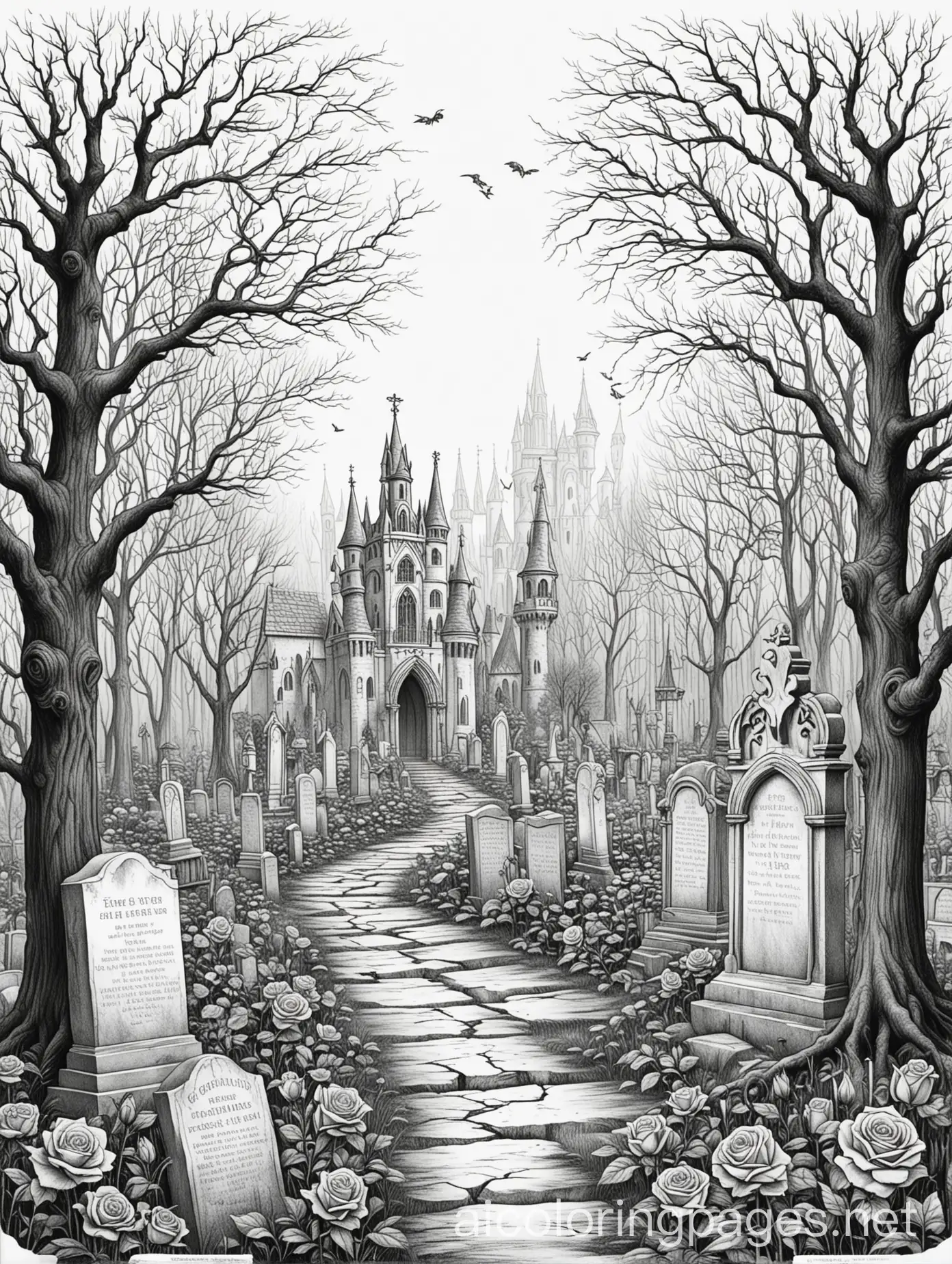 graveyard gothic roses gravestones creepy trees castle, Coloring Page, black and white, line art, white background, Simplicity, Ample White Space. The background of the coloring page is plain white to make it easy for young children to color within the lines. The outlines of all the subjects are easy to distinguish, making it simple for kids to color without too much difficulty