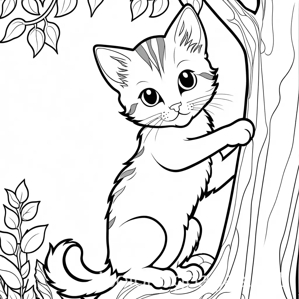 kitten climbing a tree

, Coloring Page, black and white, line art, white background, Simplicity, Ample White Space. The background of the coloring page is plain white to make it easy for young children to color within the lines. The outlines of all the subjects are easy to distinguish, making it simple for kids to color without too much difficulty