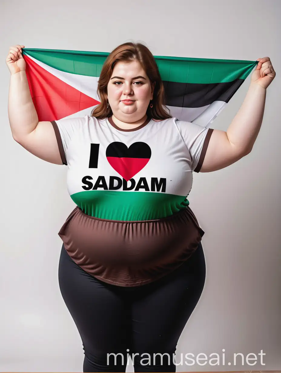 A fat woman with a shirt that says i love Saddam, holding a Palestinian flag, realistic photo