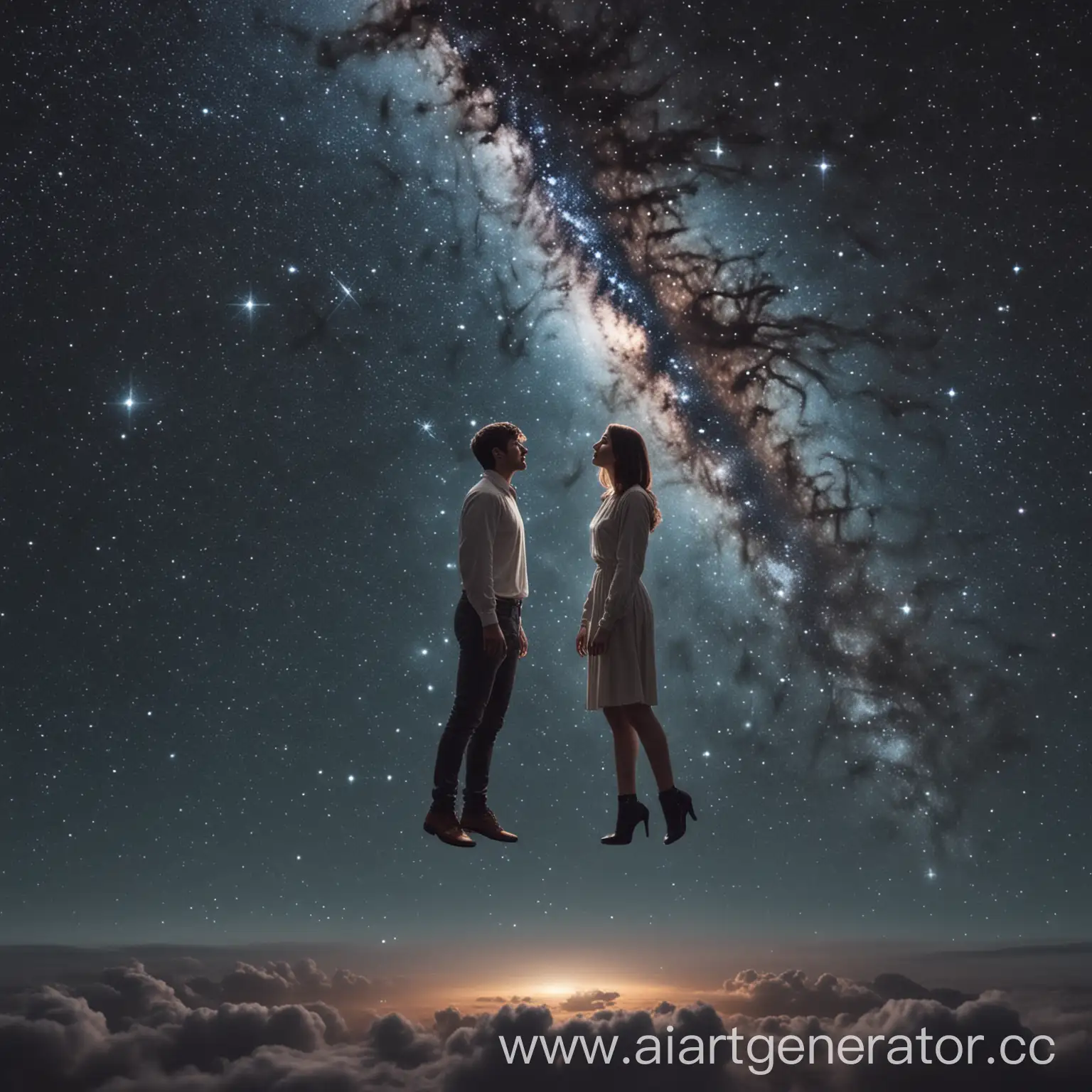 два человека мужчина и женщина левитируют вдалеке,смотрят друга на друга,они в космосе и на фоне из видно звёзды