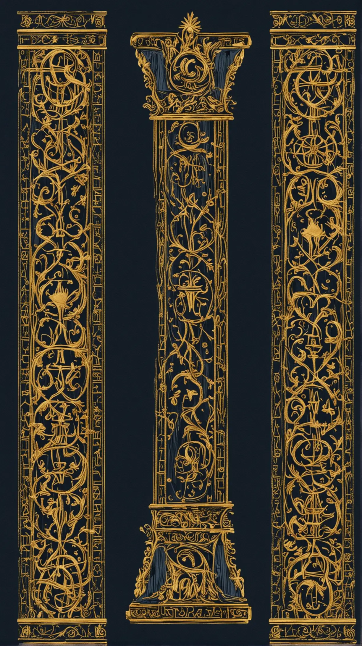 The border design for tarot cards: one greek pilar in the right, one greek pilar in the left, and a blank space in the middle, where the symbol of the tarot card will emerge. dark blue, golden, intricate, beautiful.
