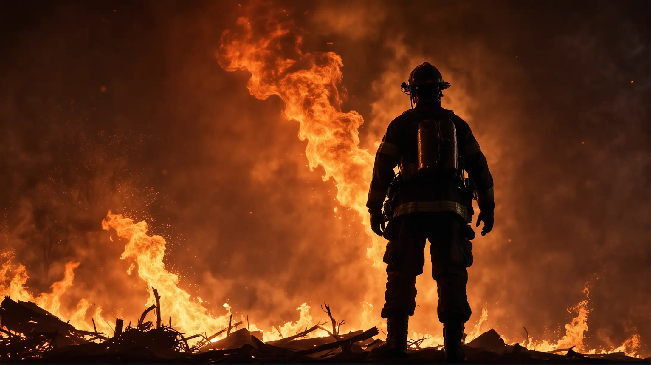 A brave fireman stands tall amidst the raging inferno, his silhouette illuminated by the flickering flames. The intense heat and smoke only add to the intensity of the scene, as he heroically saves lives and battles against the destructive force of nature.

