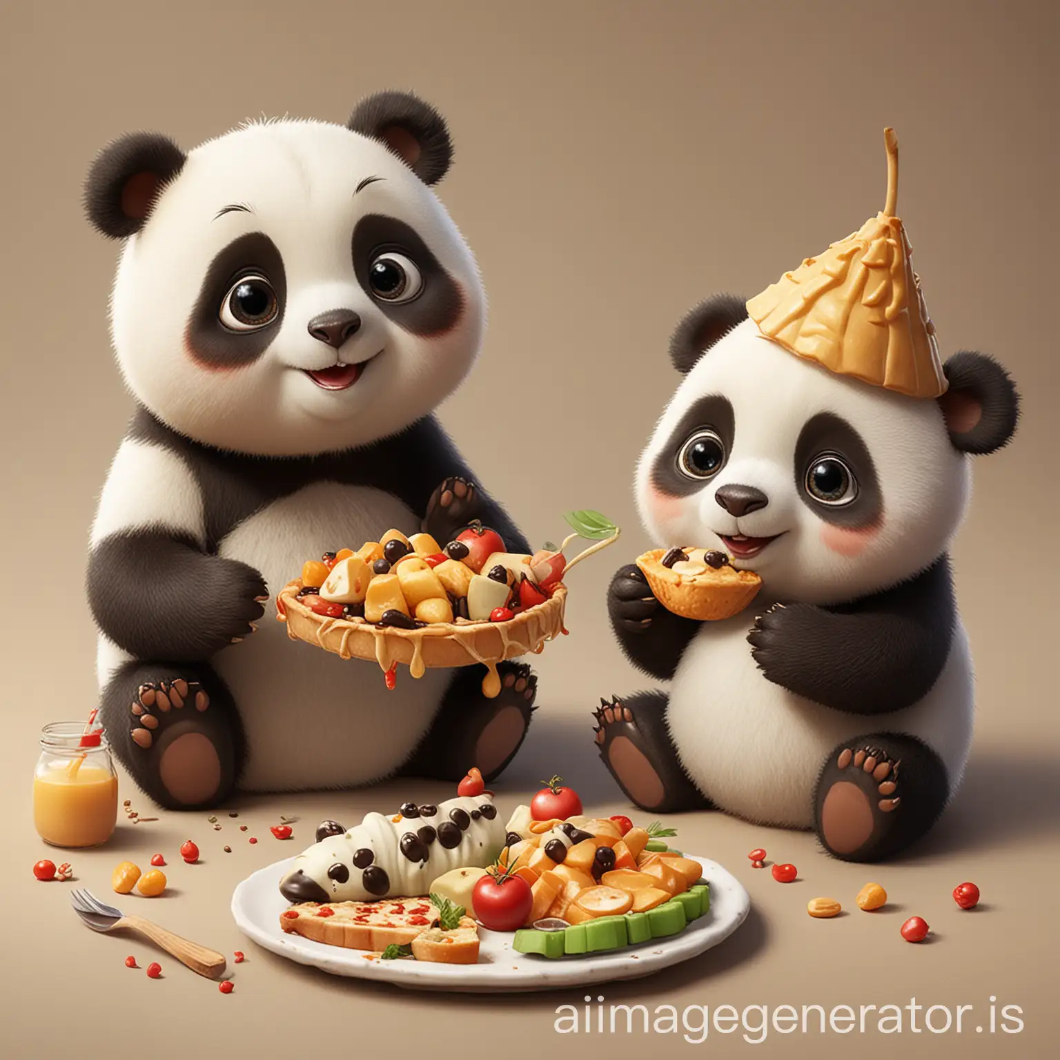 A cute BuBu and DuDu Panda cartoon with food.