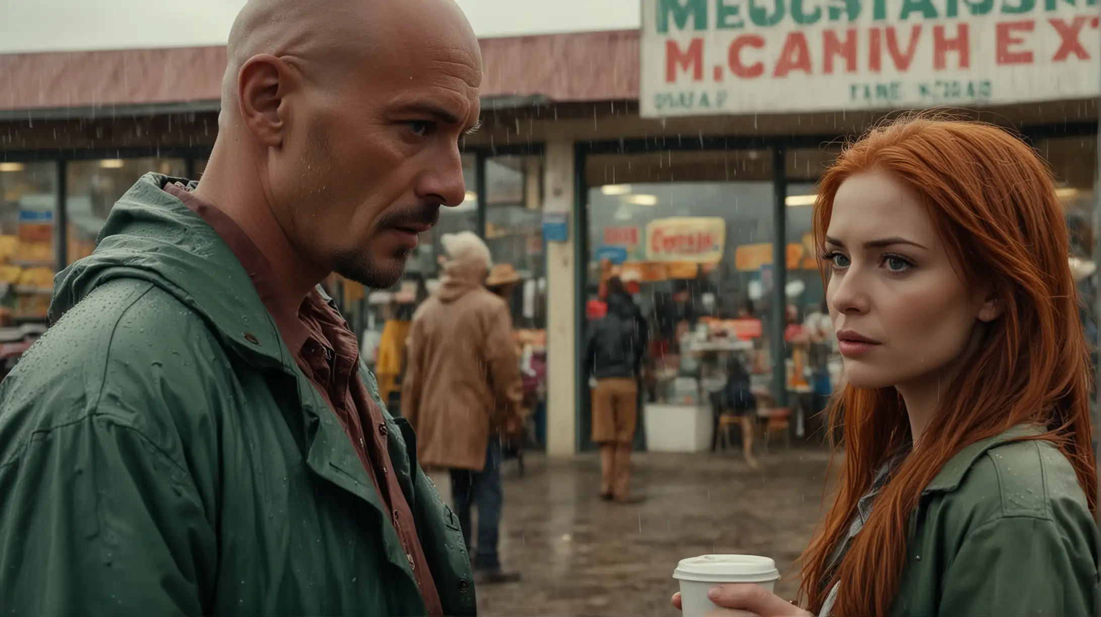 Wide shot cinematic. In a country western convenience store (reminiscent of FROM DUSK TILL DAWN), a beautiful woman of Scandinavian heritage, with blazing red hair and arctic blue eyes, wearing a dull green rain coat, with a beautiful hourglass figure, is standing next to a Mexican man. The Mexican man is about 40 years old completely bald and clean shaven, brown eyes wearing a white tee shirt. Mafiosi, he's brutal and looks like a bad guy. He's a head taller than her. Their faces are close-up, they look at each other. They both are holding coffee cups