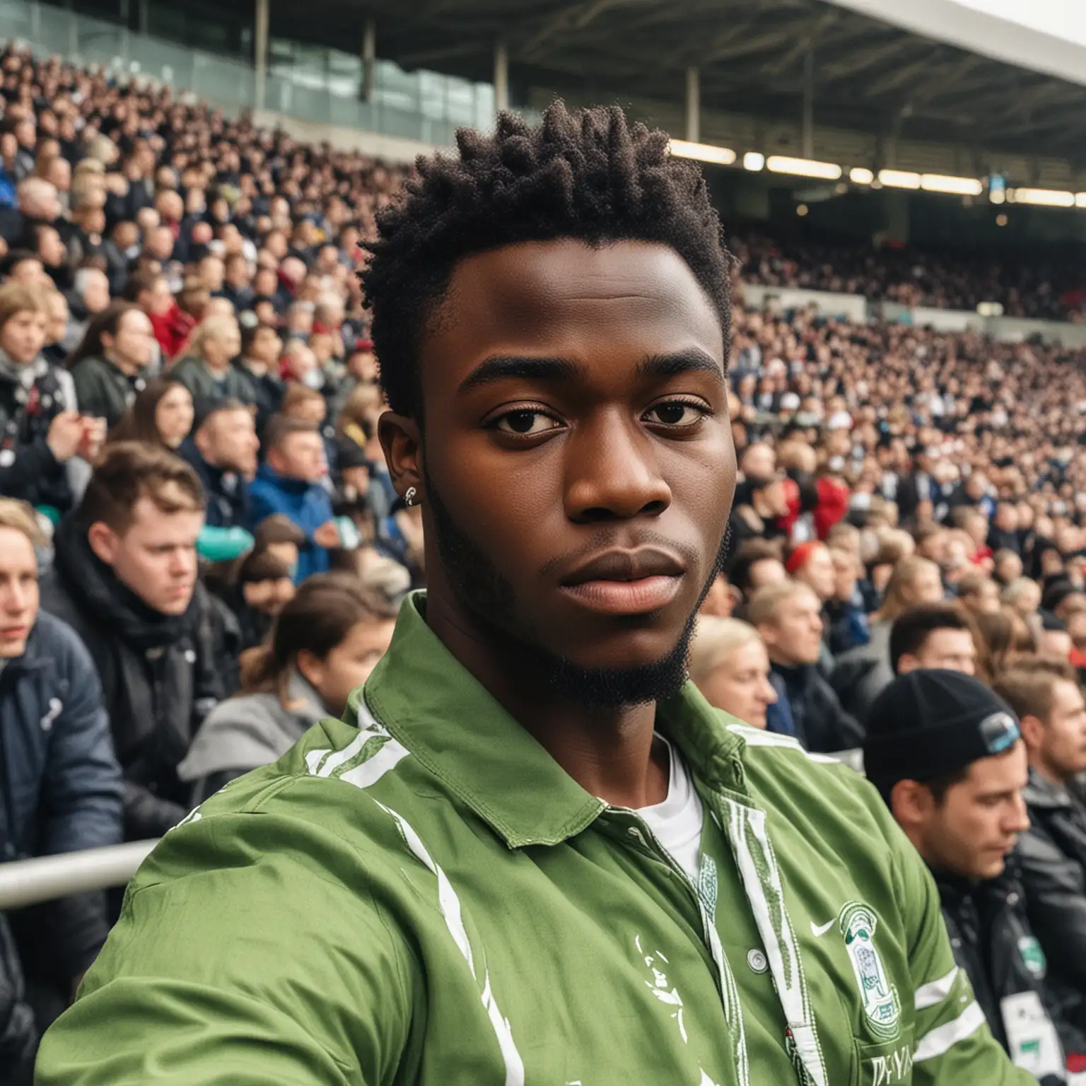 Eye-catching image of a Nigerian guy, Reuben  attending a football game in the UK