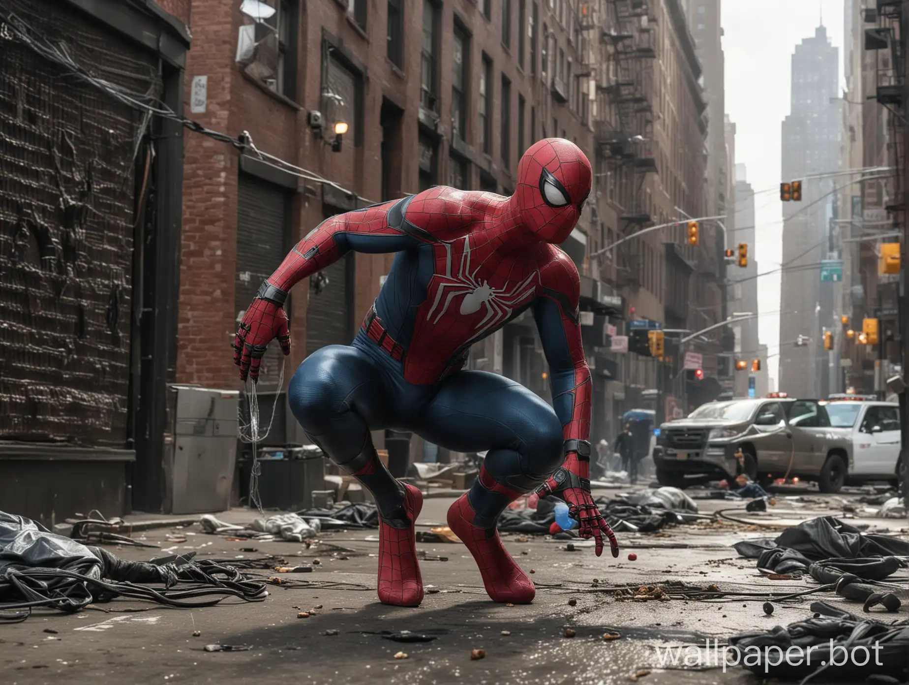 Spider-Man setting up containment devices around an infected area in New York City. The scene shows Spider-Man attaching high-tech gadgets to buildings and street corners, with black webbing and corrupted citizens in the background