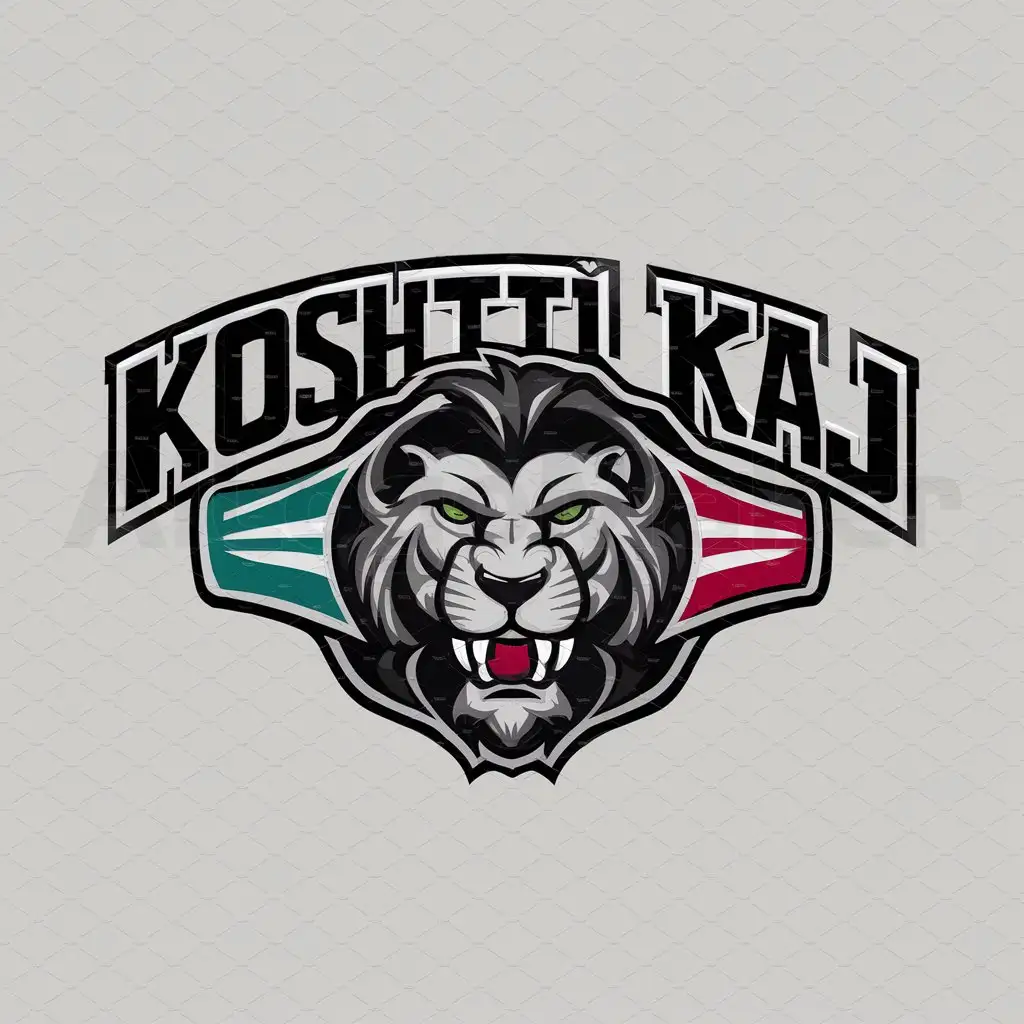 a logo design,with the text "KOSHTII KAJ", main symbol:lion head and prowrestling beltngreen white red,complex,be used in Sports Fitness industry,clear background