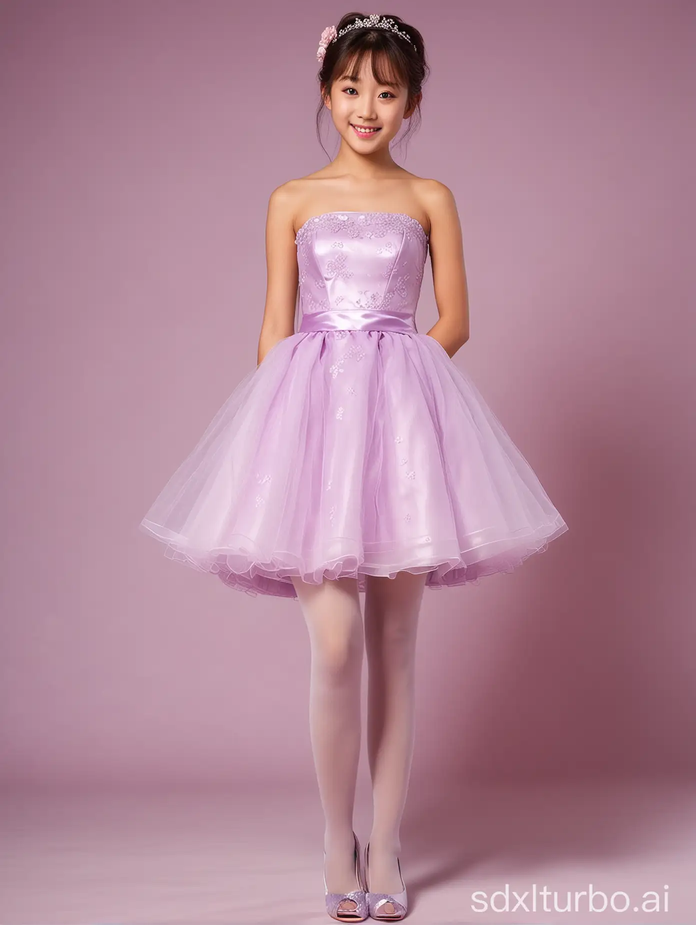 11yo,1girl,Japanese,light purple strapless short wedding dress,pantyhose,full body