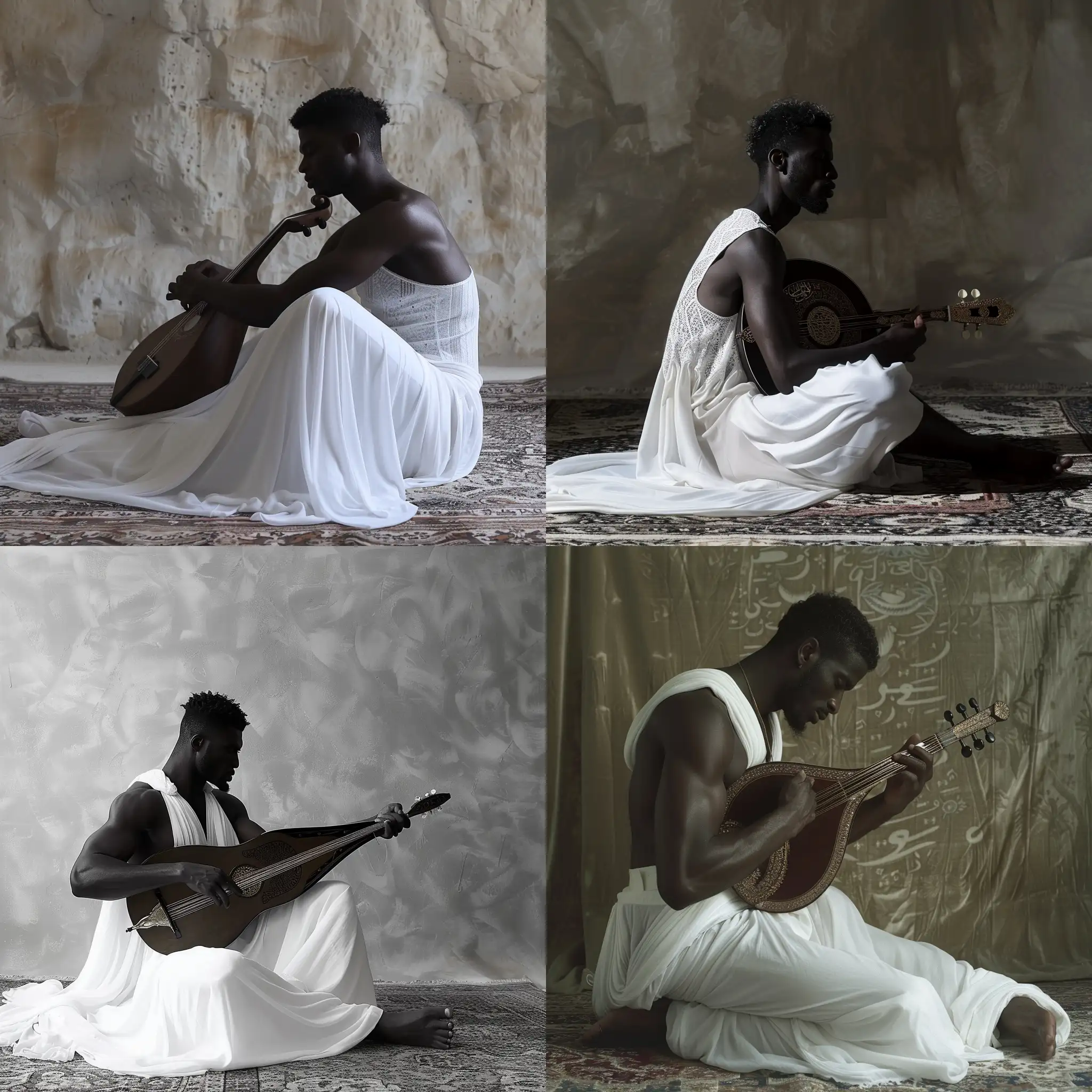 9oA picture from the side of a Saudi black man skinny wearing a white dress, sitting cross-legged on the carpet and playing the Arabic oud