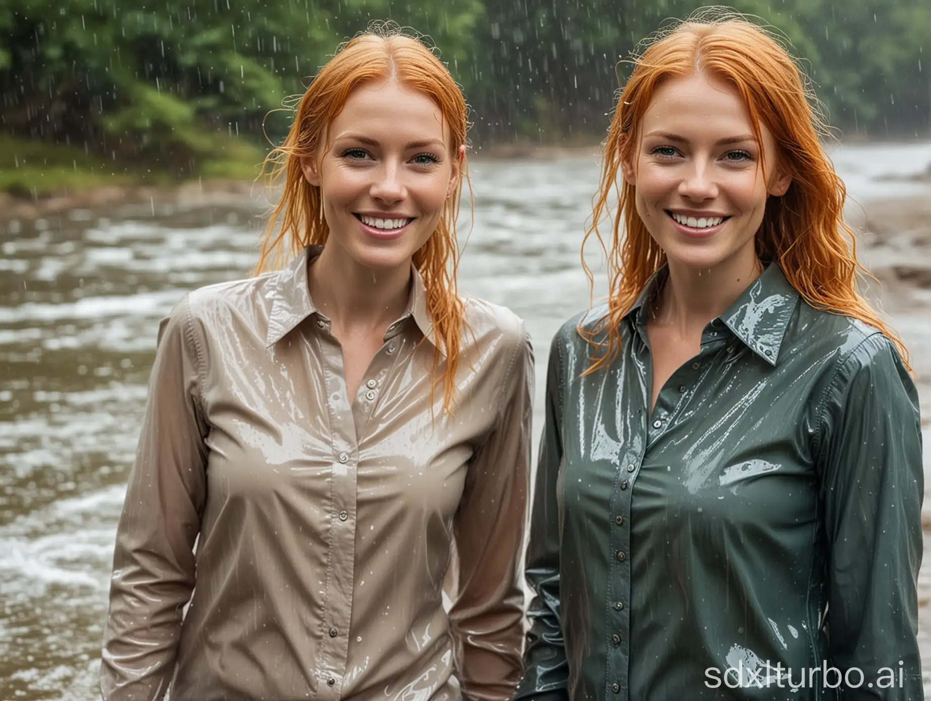 Smiling-Women-in-Wet-Blouses-Standing-in-Pouring-Rain