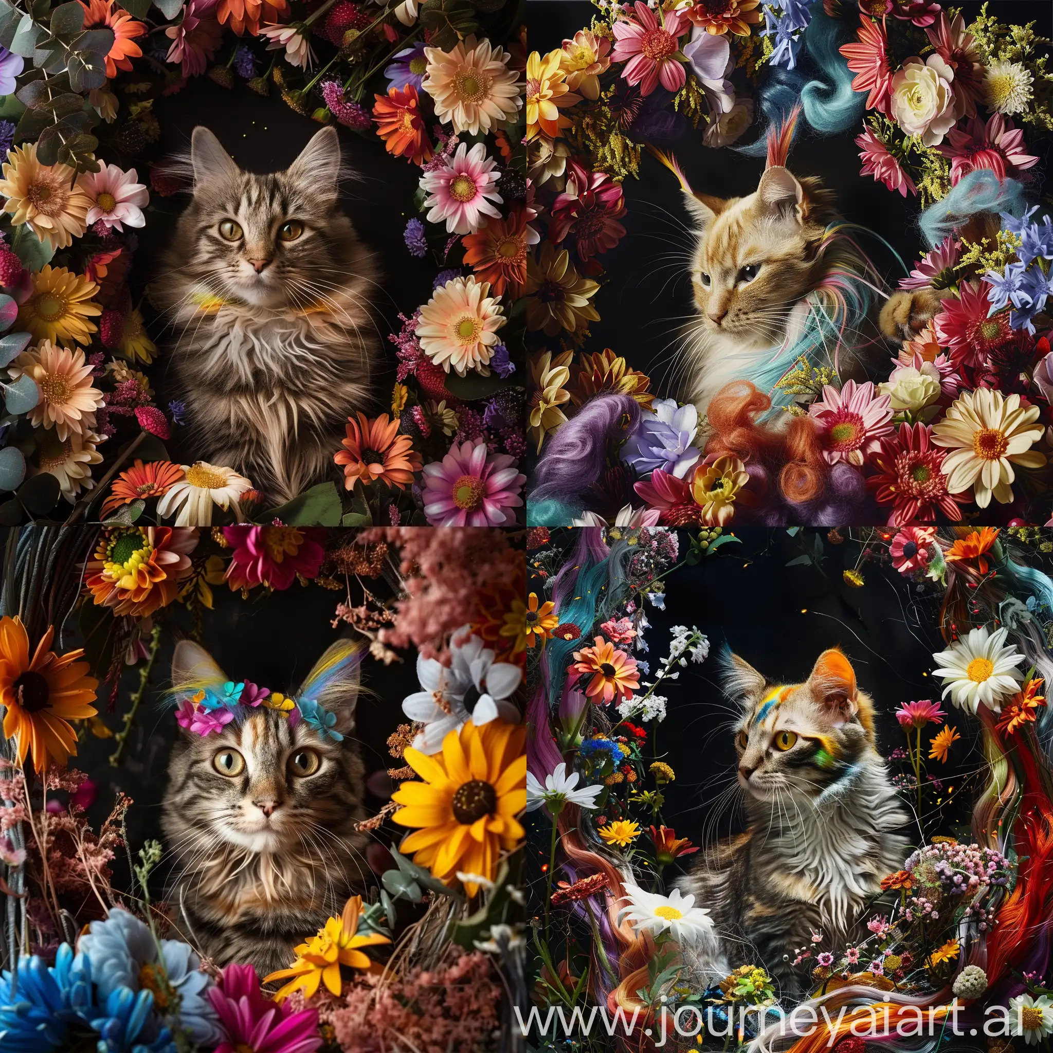 Floral-Fantasy-Whimsical-Cat-with-Colorful-Hair-on-a-Black-Background