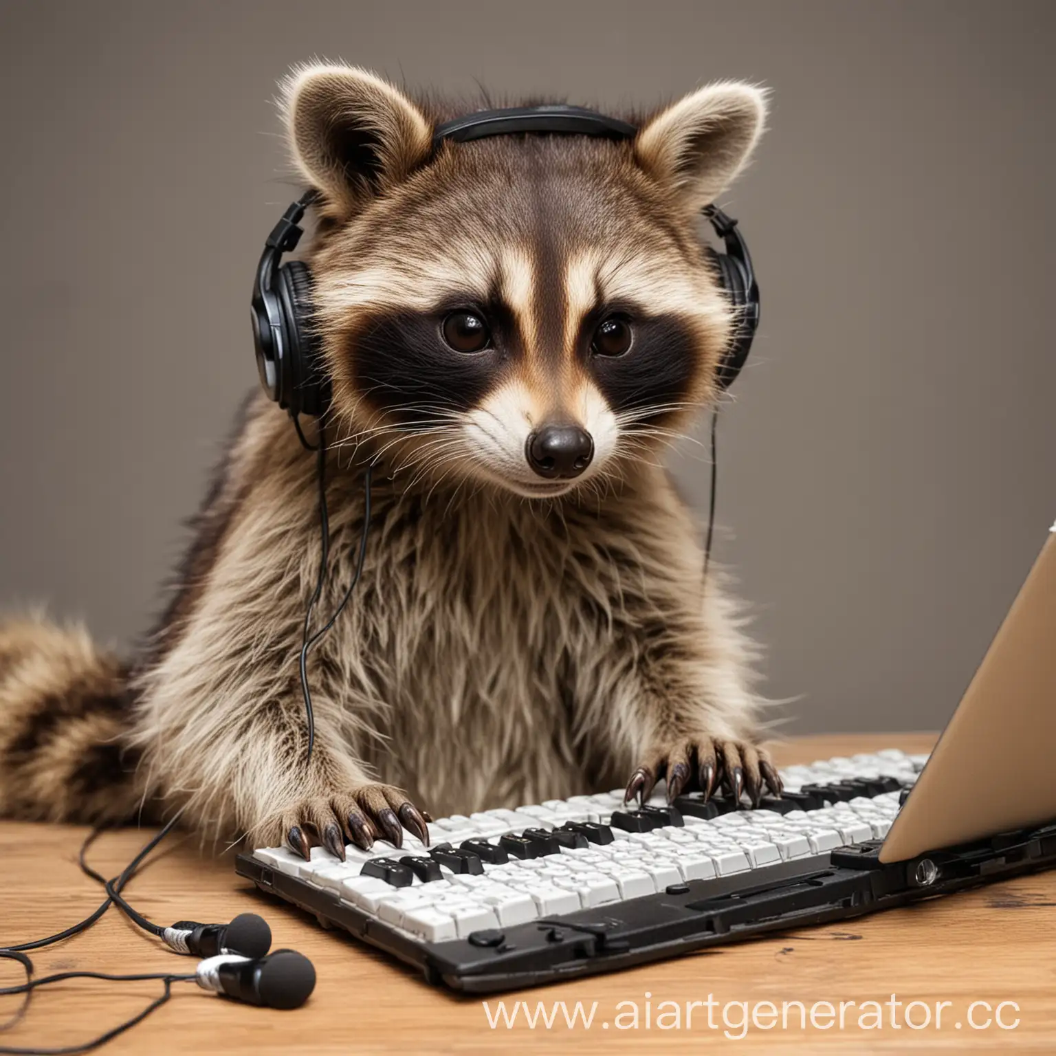 Raccoon-Typing-on-Keyboard-with-Headphones