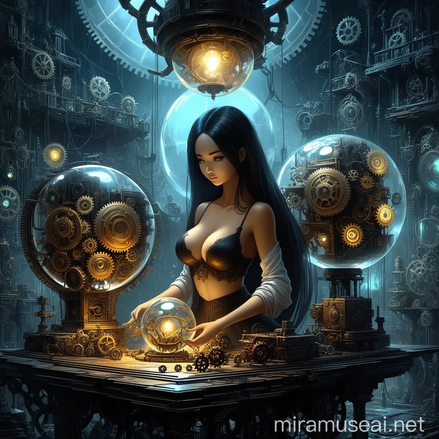 A beautiful young Indonesia woman with luxurious very long black hair, dressed transparan minimalis open bra assembles a magical mechanical sphere in a cube, a cache of gears on the table, many small gears, night, light from an old electric lamp, fantasy art, art, concept art renaissance, detailed, 8k, classicism, cyberpunk