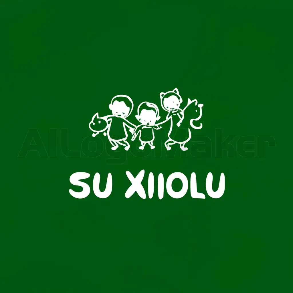 a logo design,with the text "Su Xiaolu", main symbol:There are children, rabbits, cats, and dogs dancing on the lawn.,Minimalistic,clear background