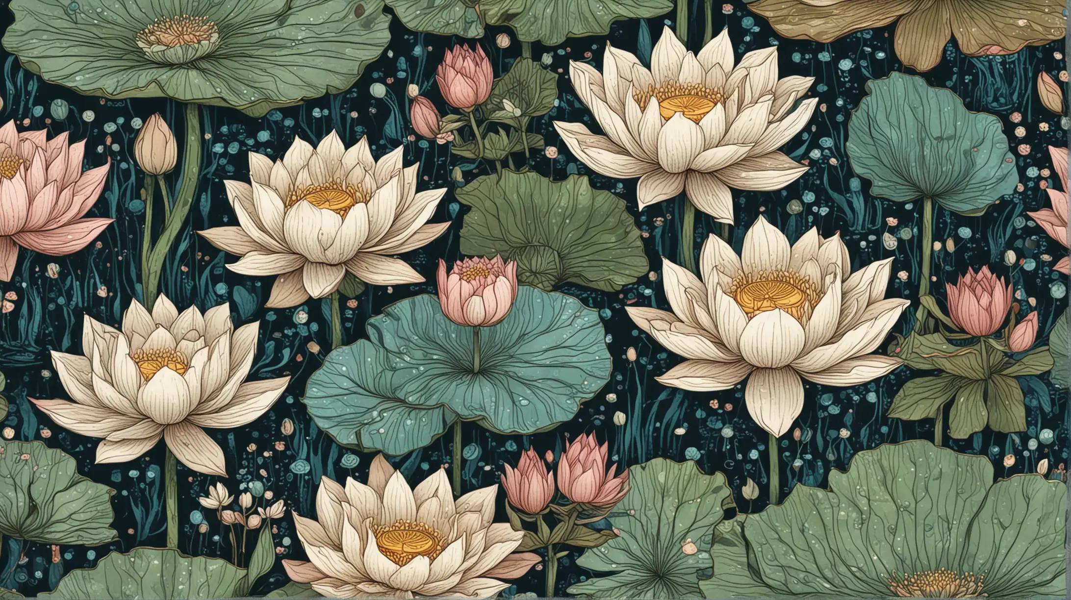 Whimsical Pattern with Stylized Lotus Flowers and Water Lilies