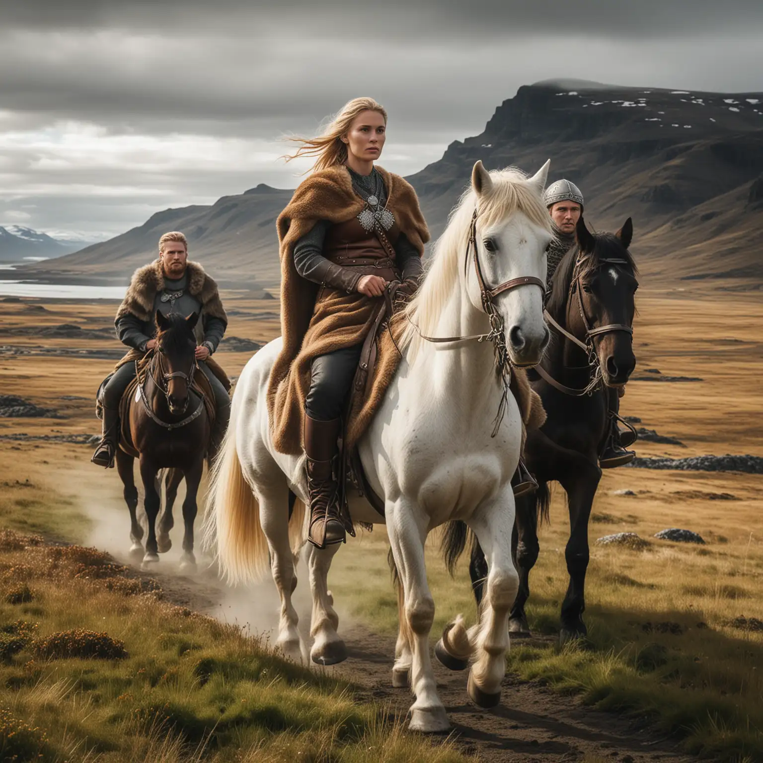 One viking woman rides on a horse through an icelandic landscape. She is escorted by two male warriors on horseback. The woman is the leader. She is proud and wealthy