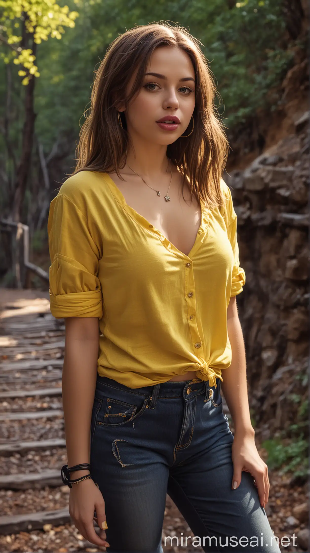 4k Ai art front view beautiful USA girl brown hair blue lipstick nose ring ear tops black jeans and yellow shirt and golden bra big saggy tits in usa gorge trail